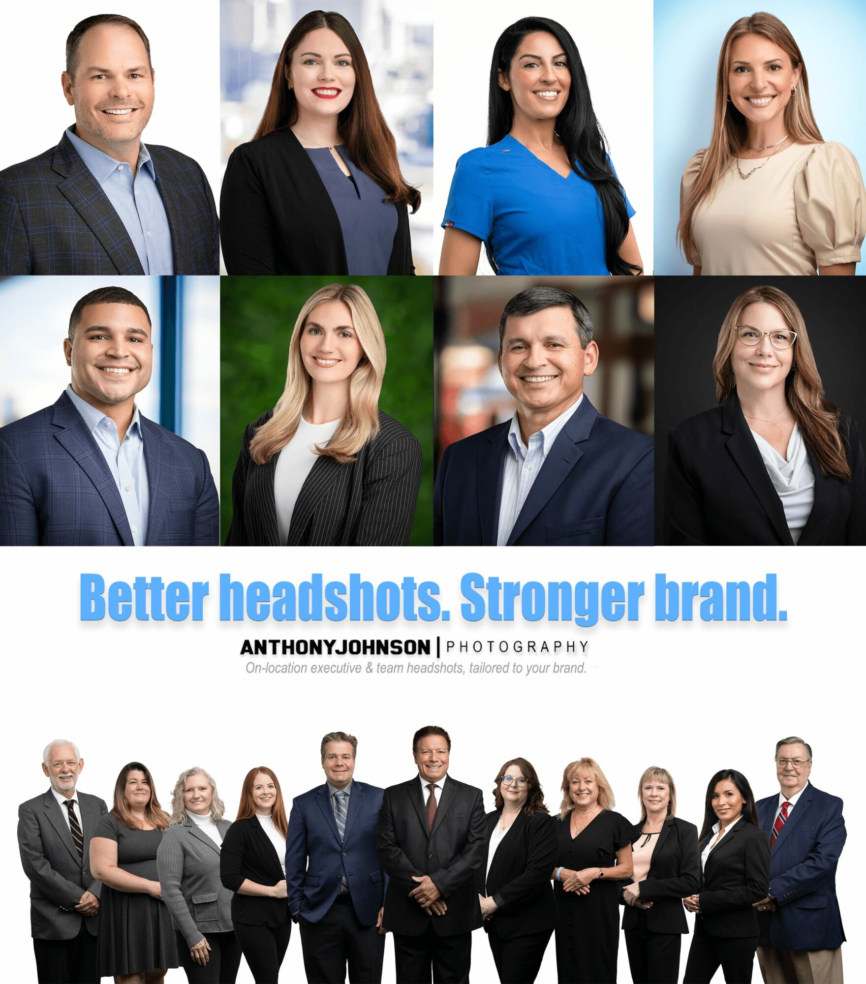 Group of professional people, headshots, smiling, diverse genders, formal attire, background varies, text reads 'Better headshots. Stronger brand.'