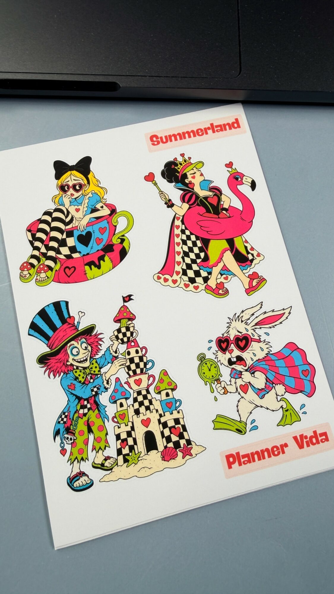 Colorful illustrated planner page with whimsical characters, castles, and text reading 'Summertime Planner Wida'.