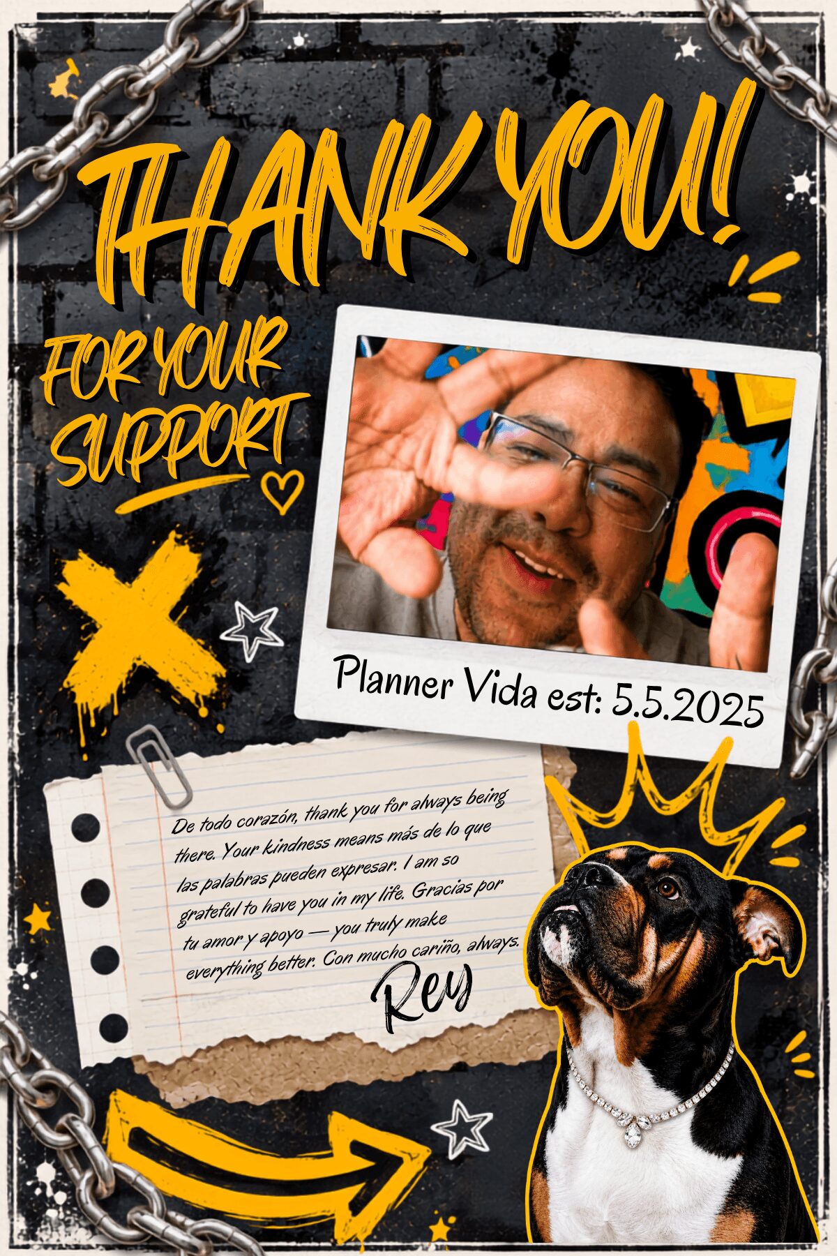 Thank you message with a photo of a smiling person making a heart shape, a dog, and decorative elements, on a chain background.
