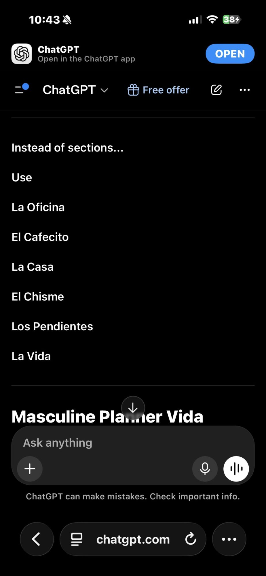 Screenshot of a mobile chat app with a list of Spanish phrases and a search bar, dark background.