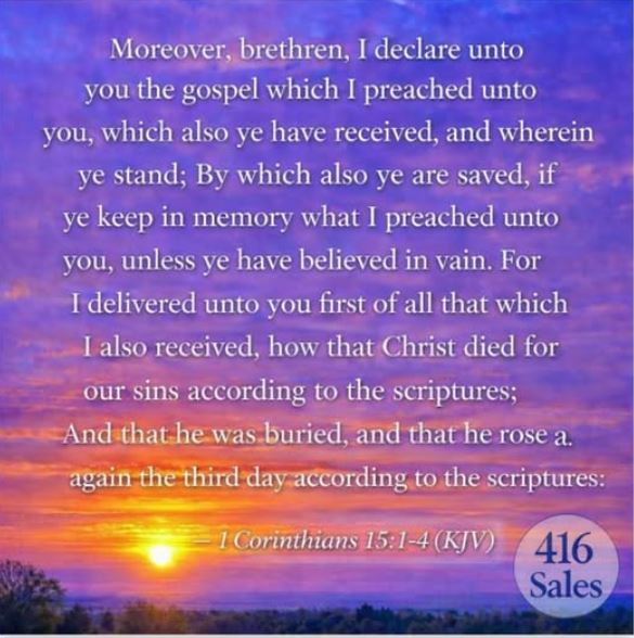 Bible verse from 1 Corinthians 15:1-4 displayed over a sunset sky with clouds and horizon, purple and orange colors, and a sales circle. Alt text word count: 44. Confidence: 0.9