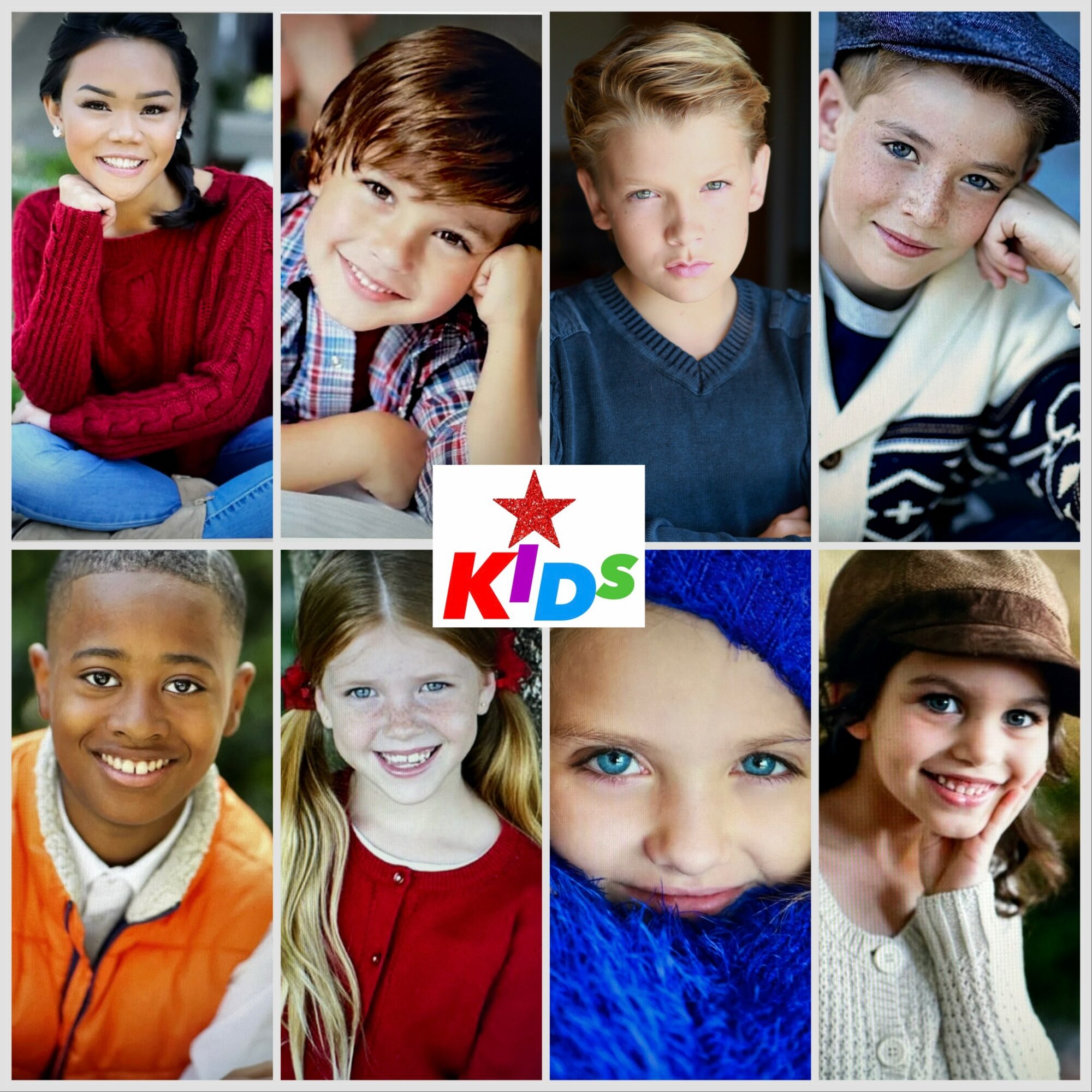 Collage of eight children with diverse appearances, smiling and posing, with a colorful kids' logo in the center.