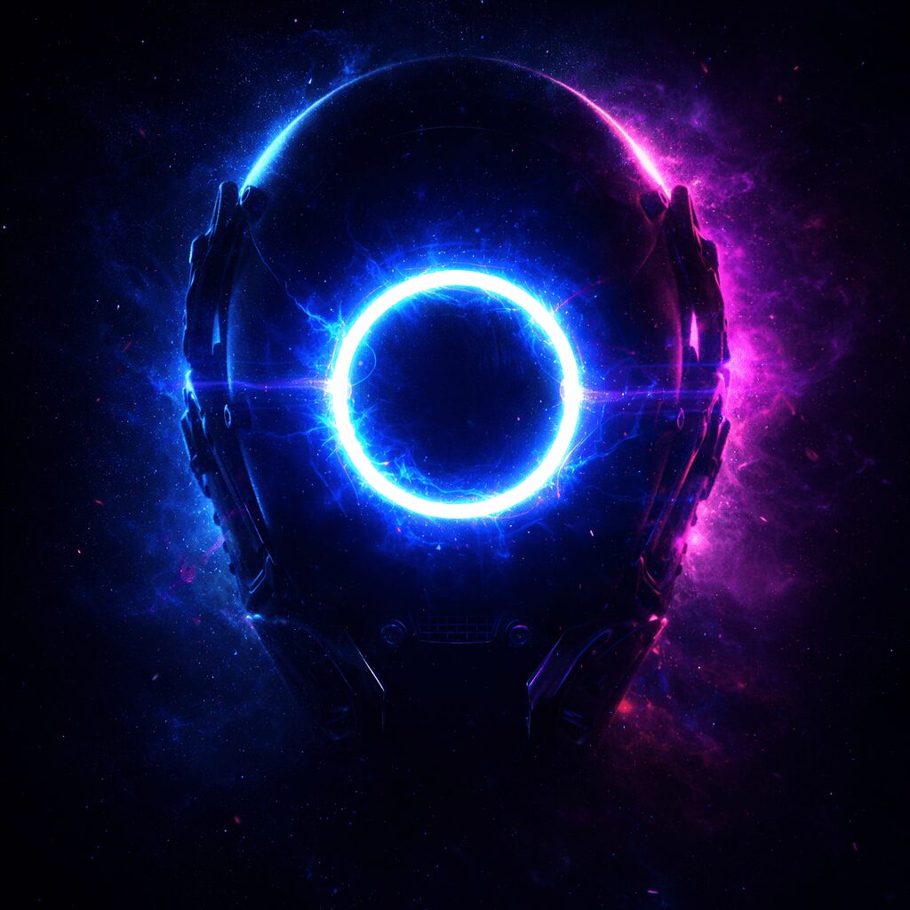 Futuristic helmet with glowing blue and purple lights, surrounded by a cosmic background with stars and nebulae.