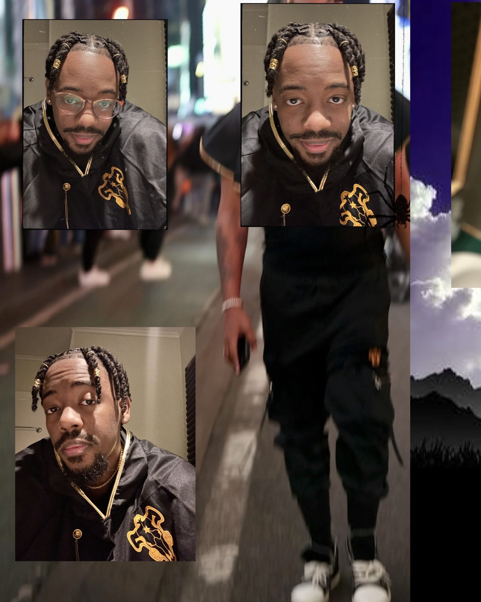 Person standing indoors, wearing black clothing with yellow embroidery, with three close-up photos of their face. Word count: 20