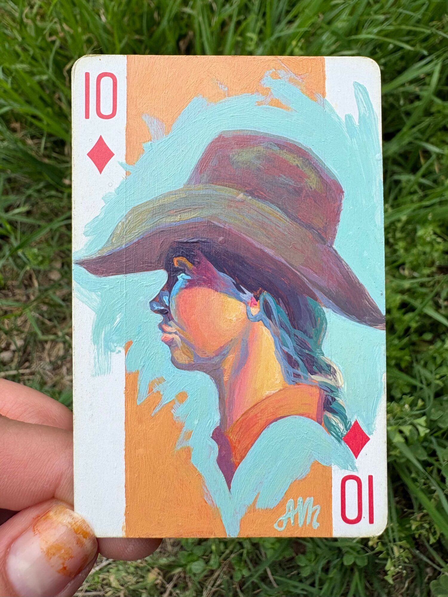 Illustration of a woman wearing a large hat, facing left, with a colorful background.
