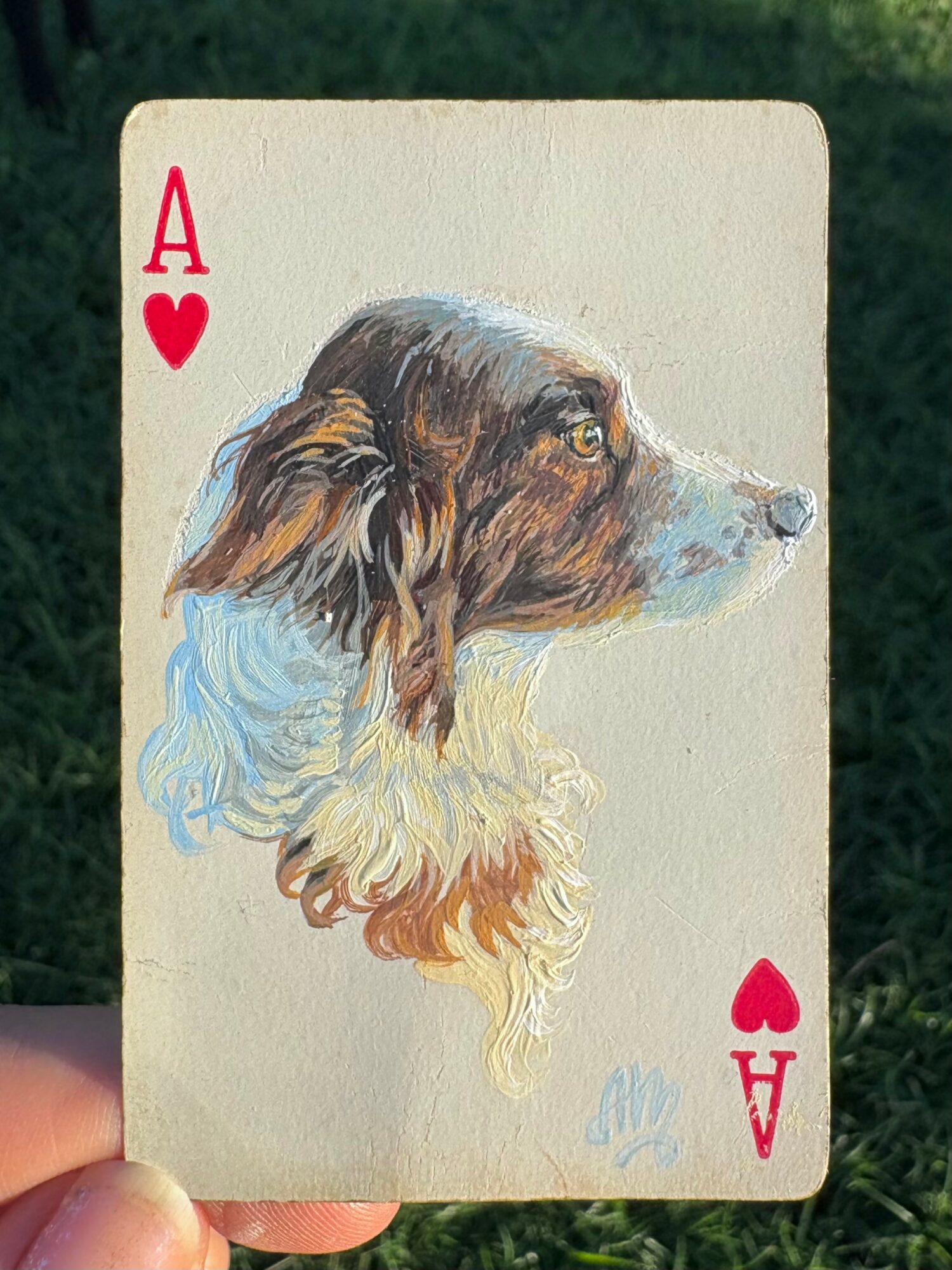 Playing card with a detailed illustration of a dog, Ace of hearts, held outdoors with grass in the background.