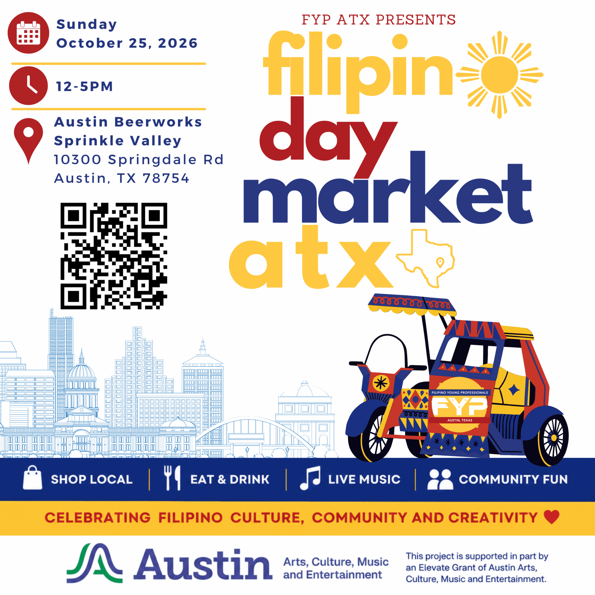 Event poster for Filipino Day Market in Austin, featuring a colorful jeepney, event details, and a city skyline background.