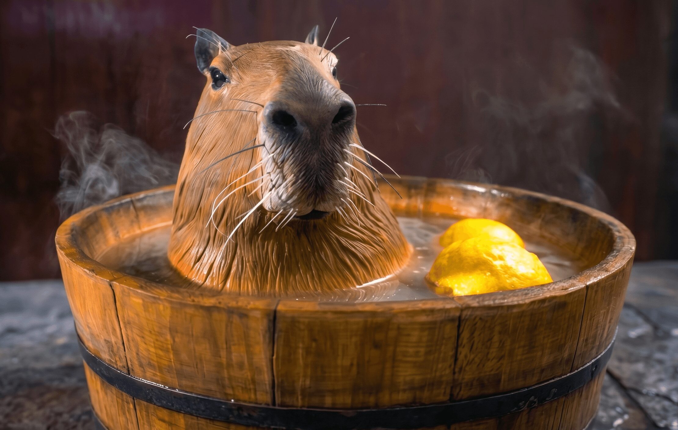 Capybara with wet fur in a wooden tub, steam rising, yellow objects inside, dark background