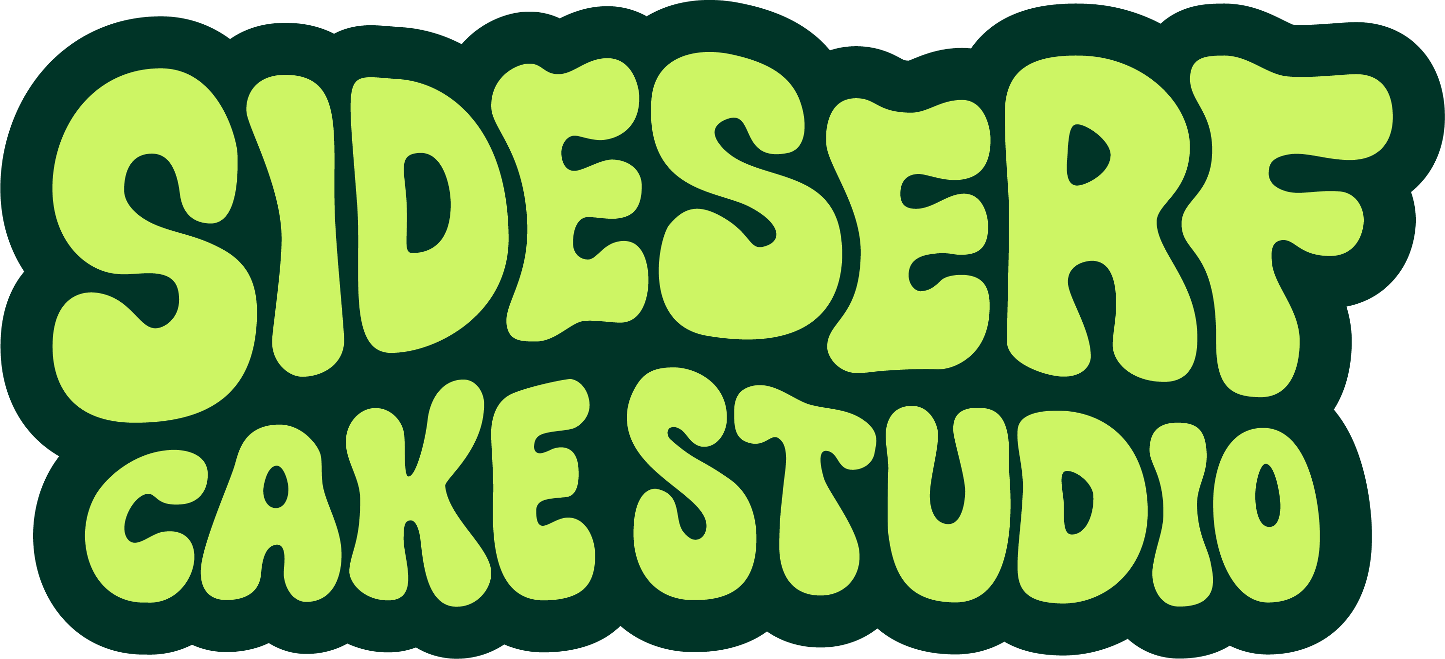 Logo with green text reading 'SIDESERF CAKE STUDIO' on a dark background.