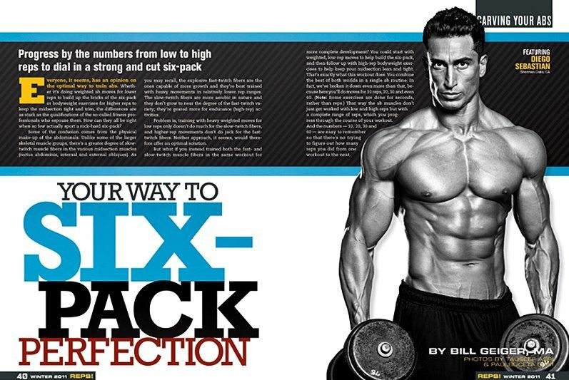 Black and white photo of a muscular man holding a dumbbell, with text about fitness and six-pack perfection, and a blue and black headline.