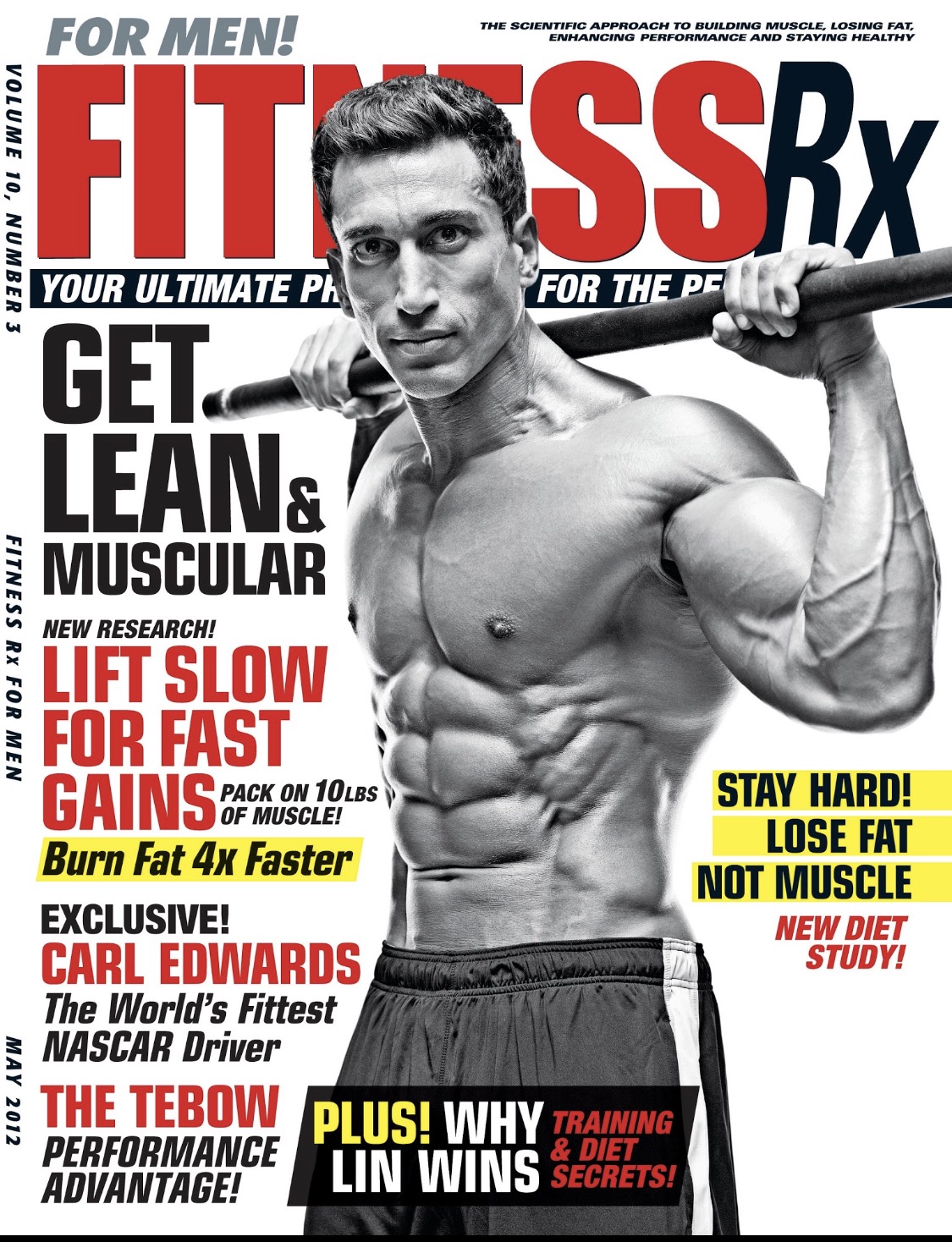 Black and white magazine cover featuring a shirtless man holding a barbell, with bold red and black text around him.