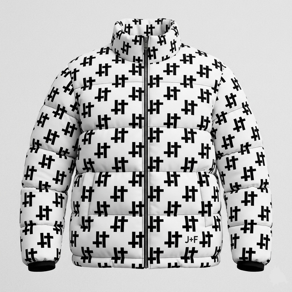 Puffy white jacket with black hashtag pattern, front view, full shot, on a plain background.