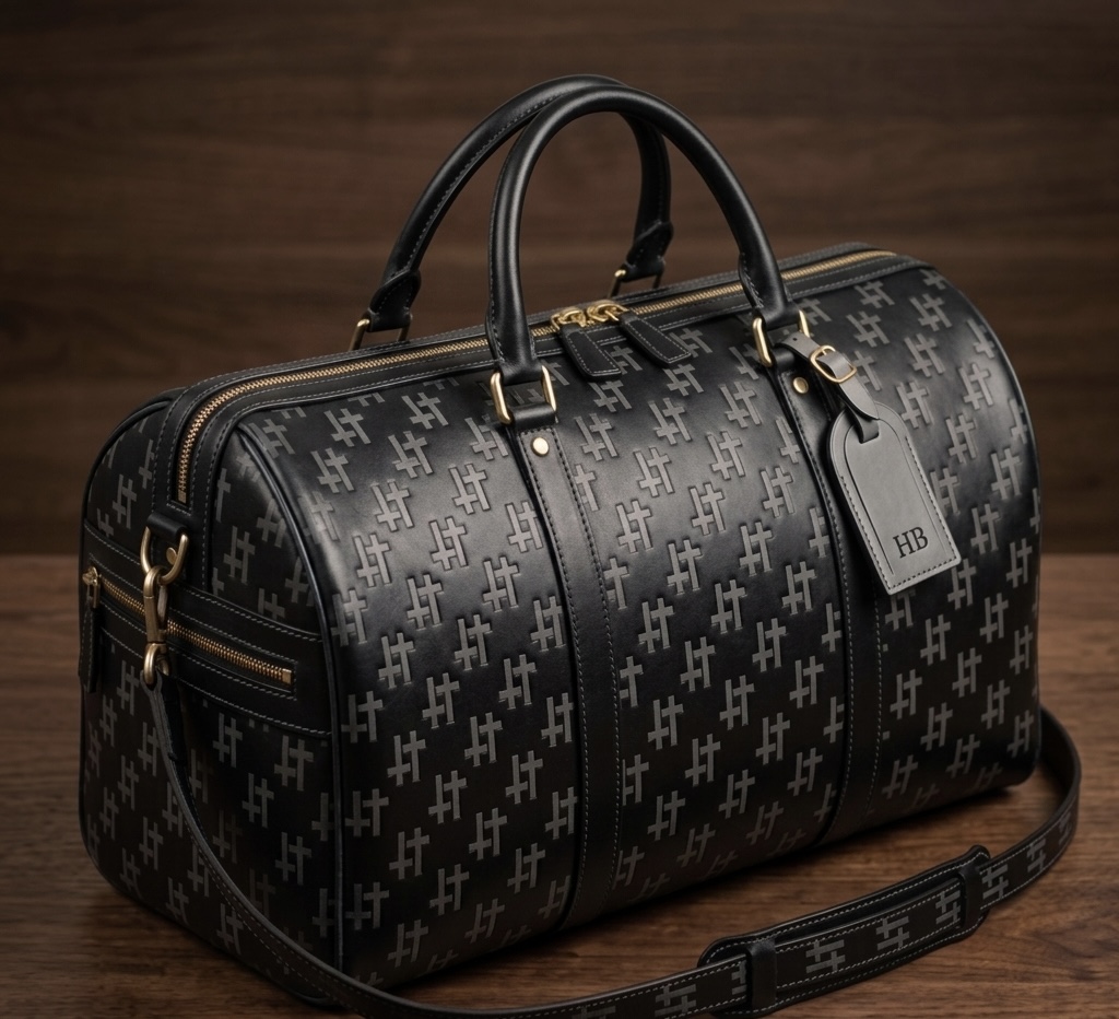 Black patterned duffel bag with handles, zipper, and a luggage tag, placed on a wooden surface.