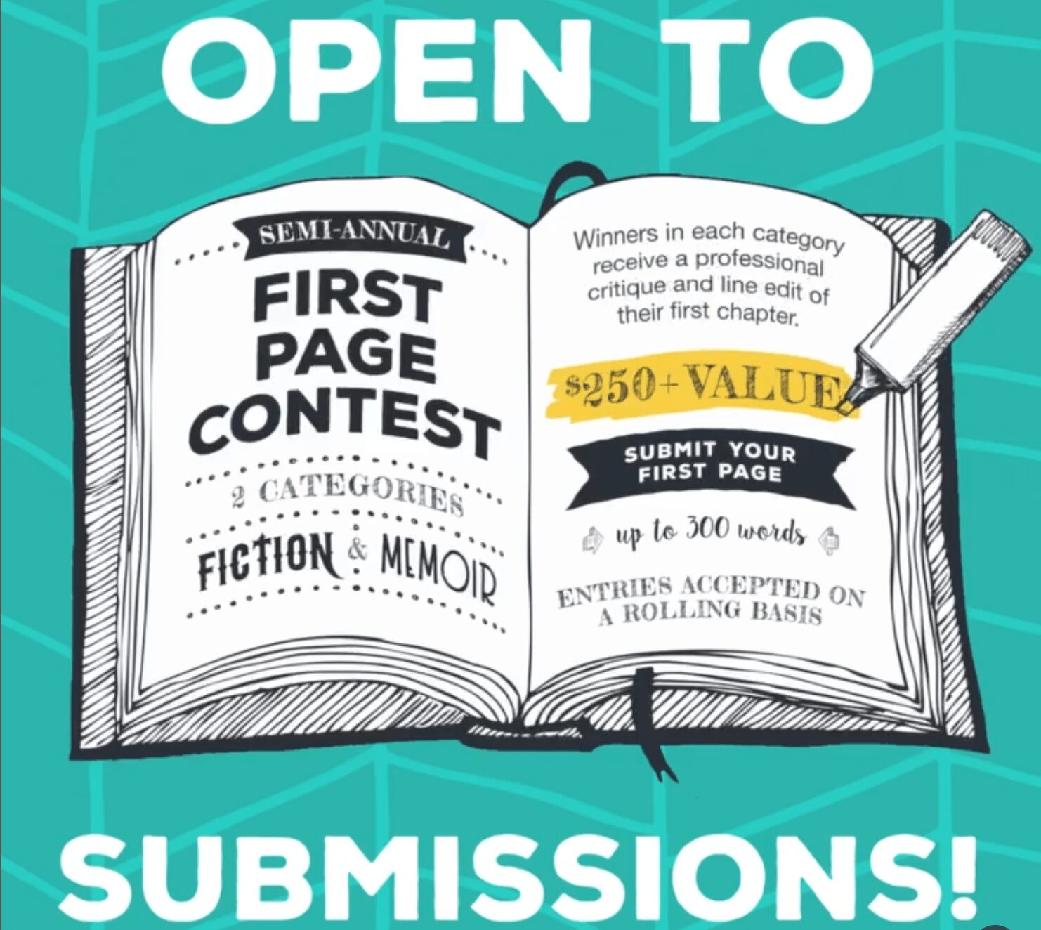 Open book with contest details, highlighted prize value, and submission instructions, on a teal background.
