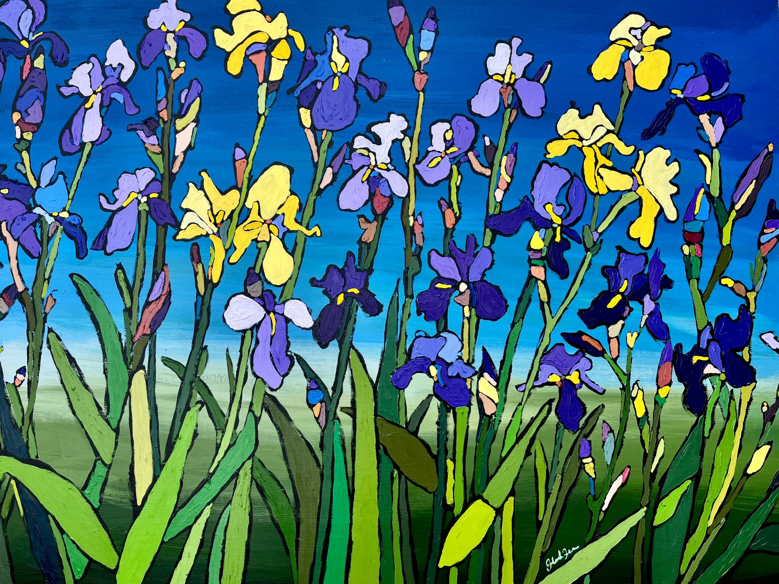 A colorful painting of purple and yellow irises with green leaves and stems, set against a blue sky background.