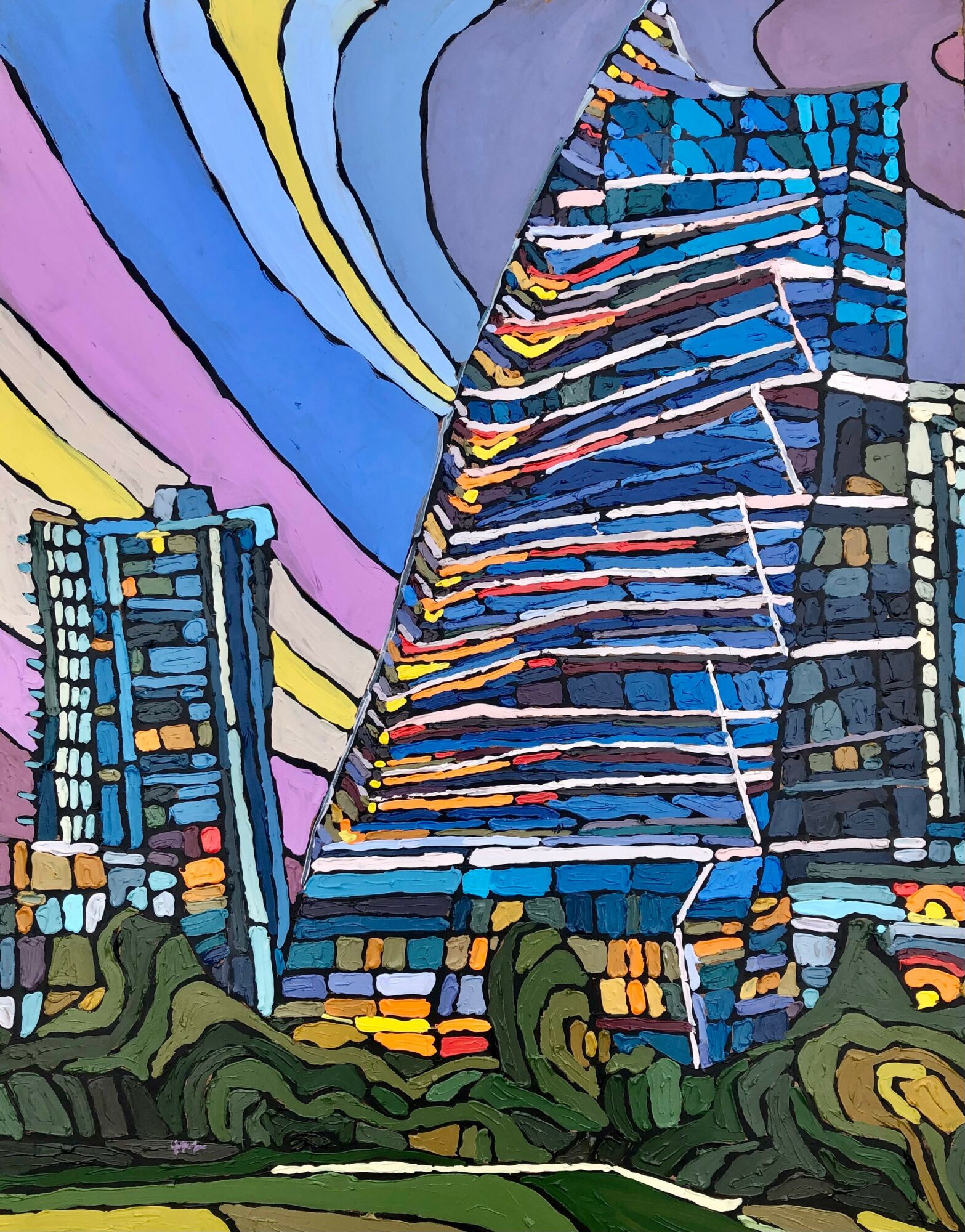 Colorful abstract cityscape with tall buildings and swirling sky, vibrant and stylized, with trees at the bottom.