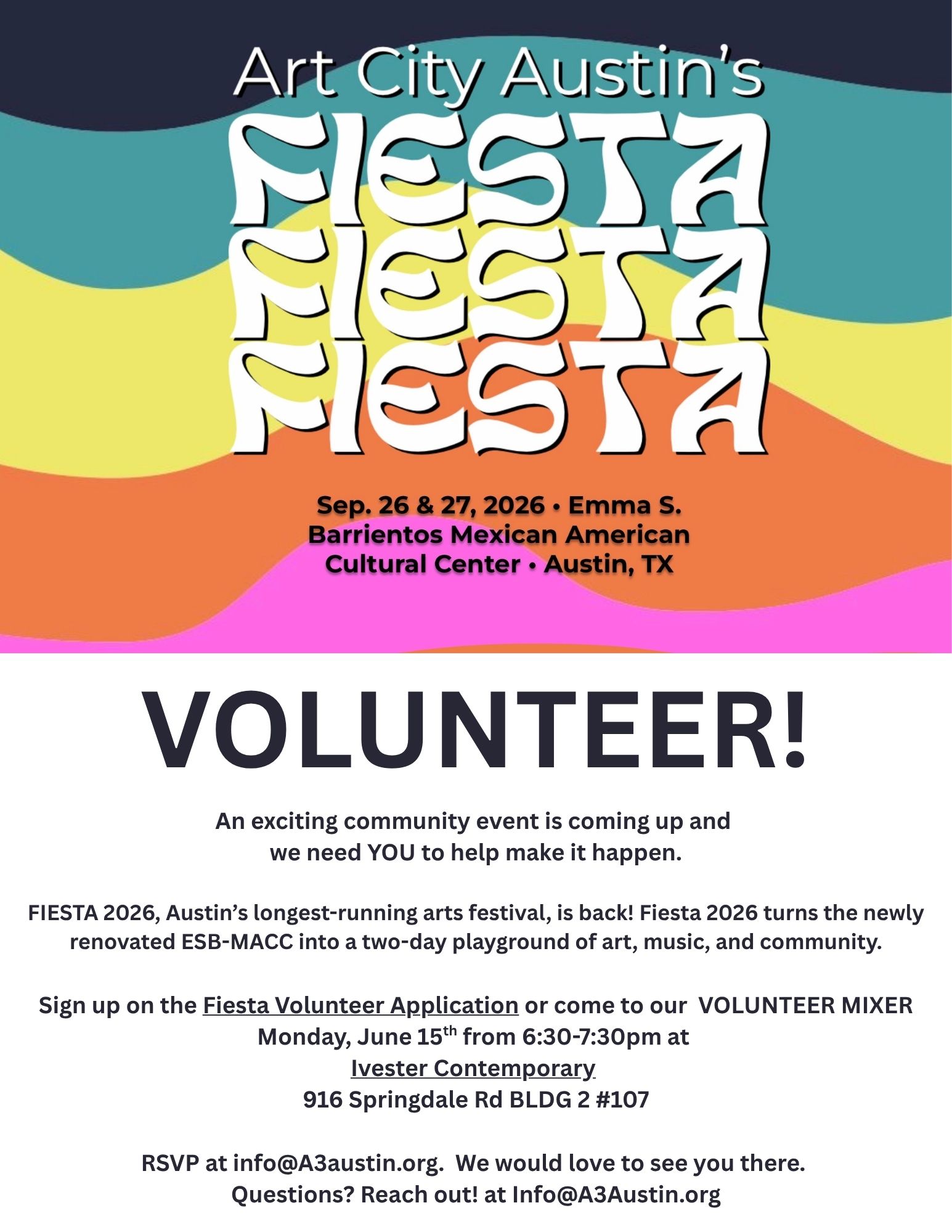 Event poster for Fiesta Austin, colorful background, event details, volunteer call to action, date, location, RSVP information.