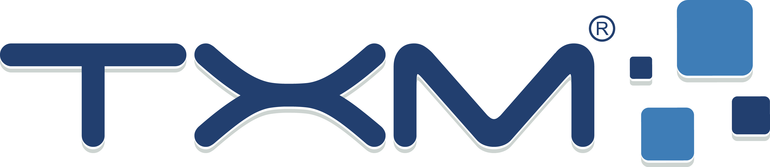 TXM logo in blue text with exclamation marks, on a black background.