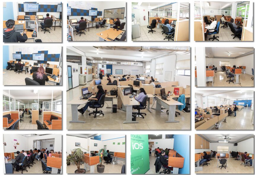 Multiple images of people working at desks and computers in office and classroom settings.