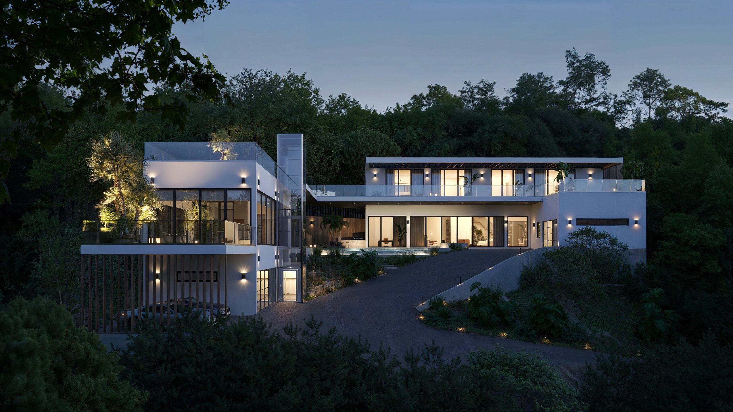 Modern multi-story house with large windows, surrounded by trees, illuminated at dusk.