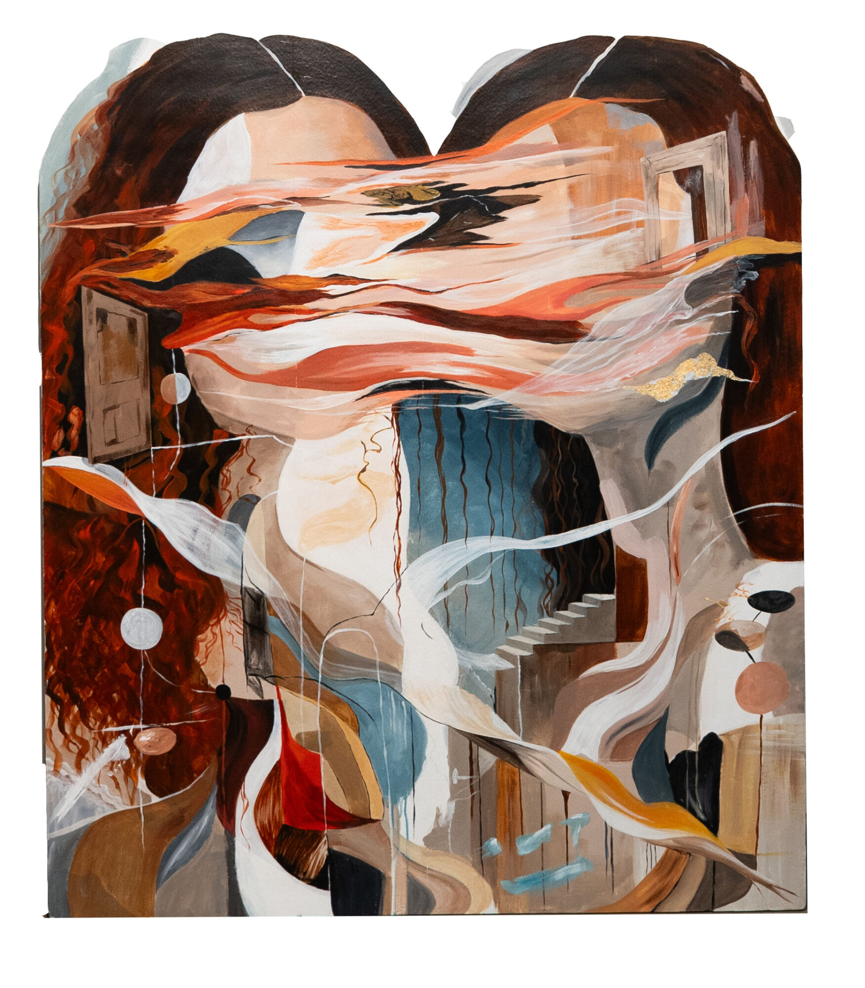 Abstract painting of two faces with flowing, swirling colors and shapes obscuring their features.