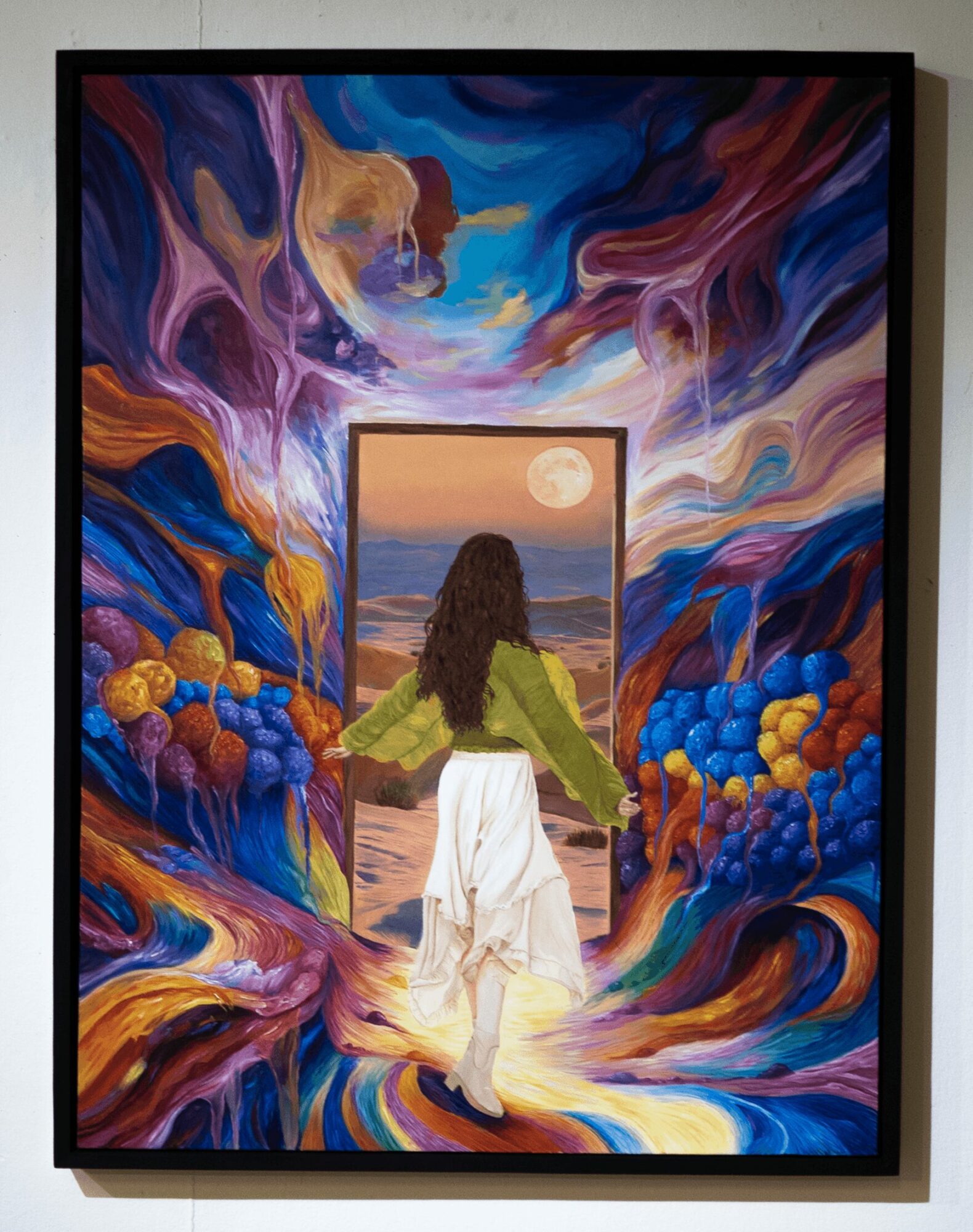 Person with long hair in a green top and white skirt walking towards a landscape with a full moon, surrounded by colorful abstract swirls.