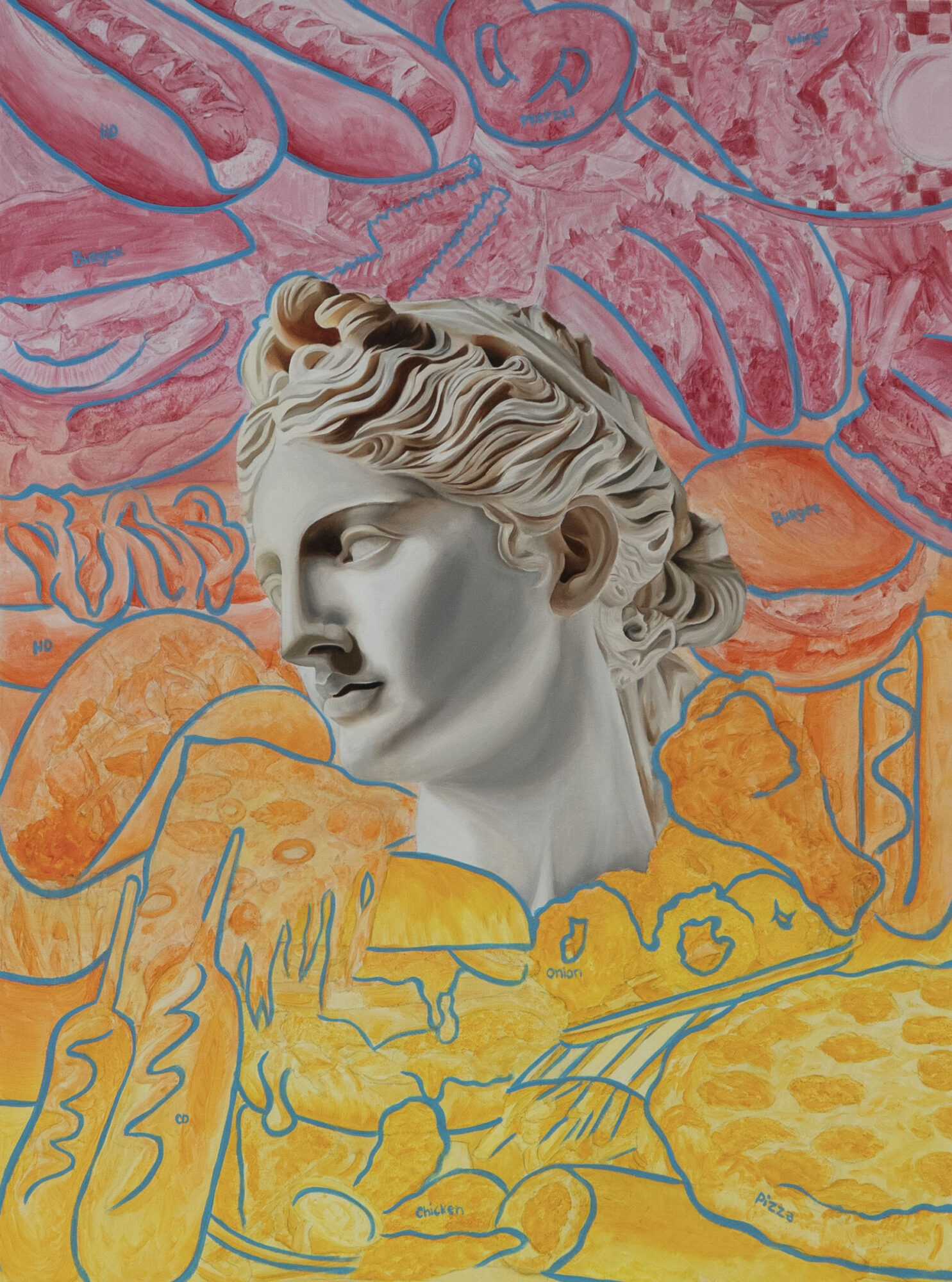 Classical sculpture of a woman's head surrounded by colorful abstract background with orange and pink hues.