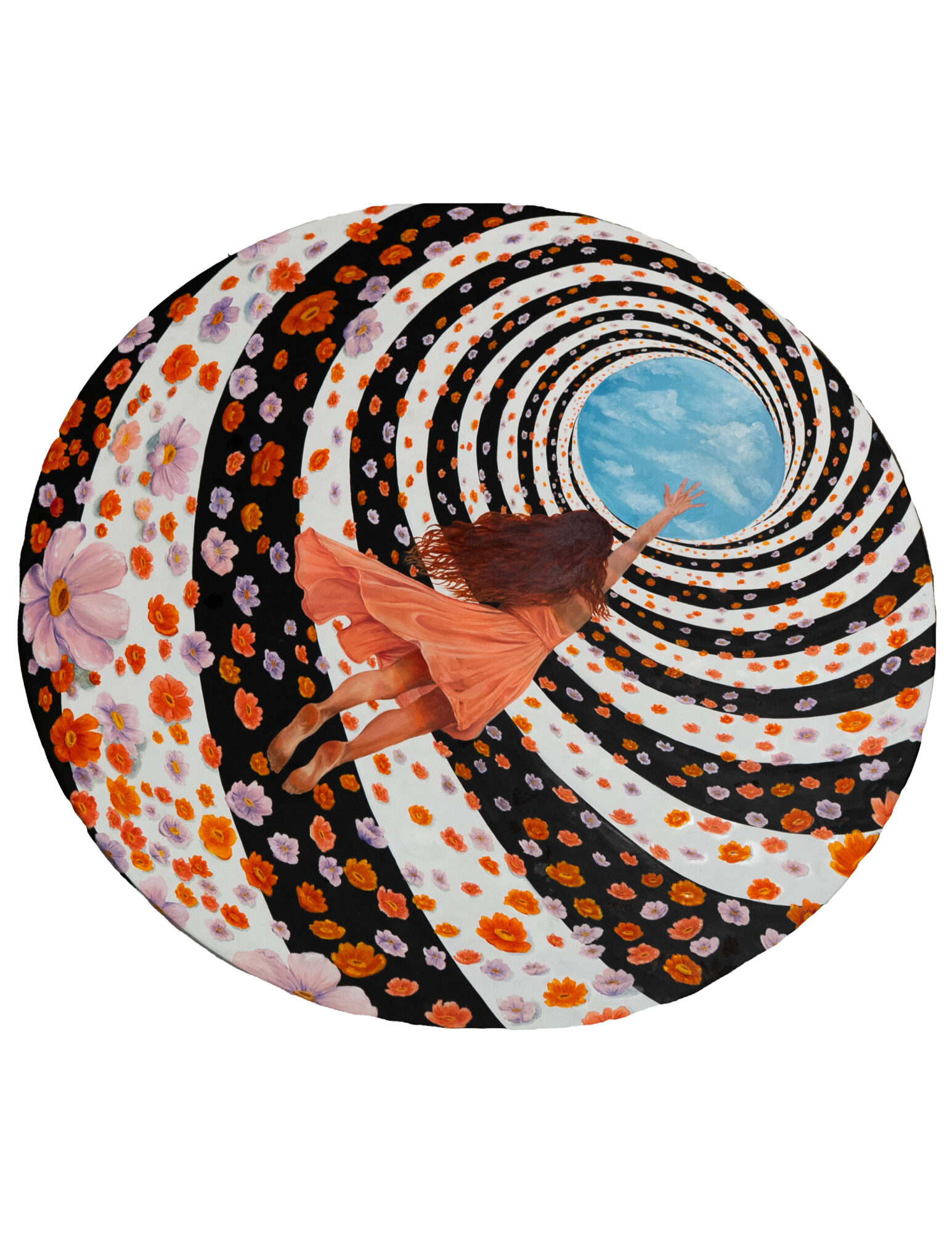 Person in a pink dress walking through a swirling, patterned tunnel with a blue sky visible at the end.