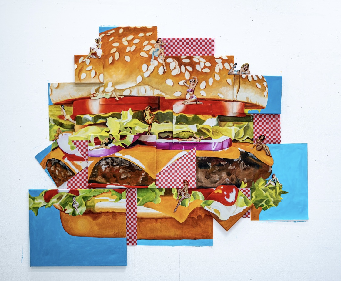 Colorful collage of various sandwiches and burger ingredients arranged on a white background.
