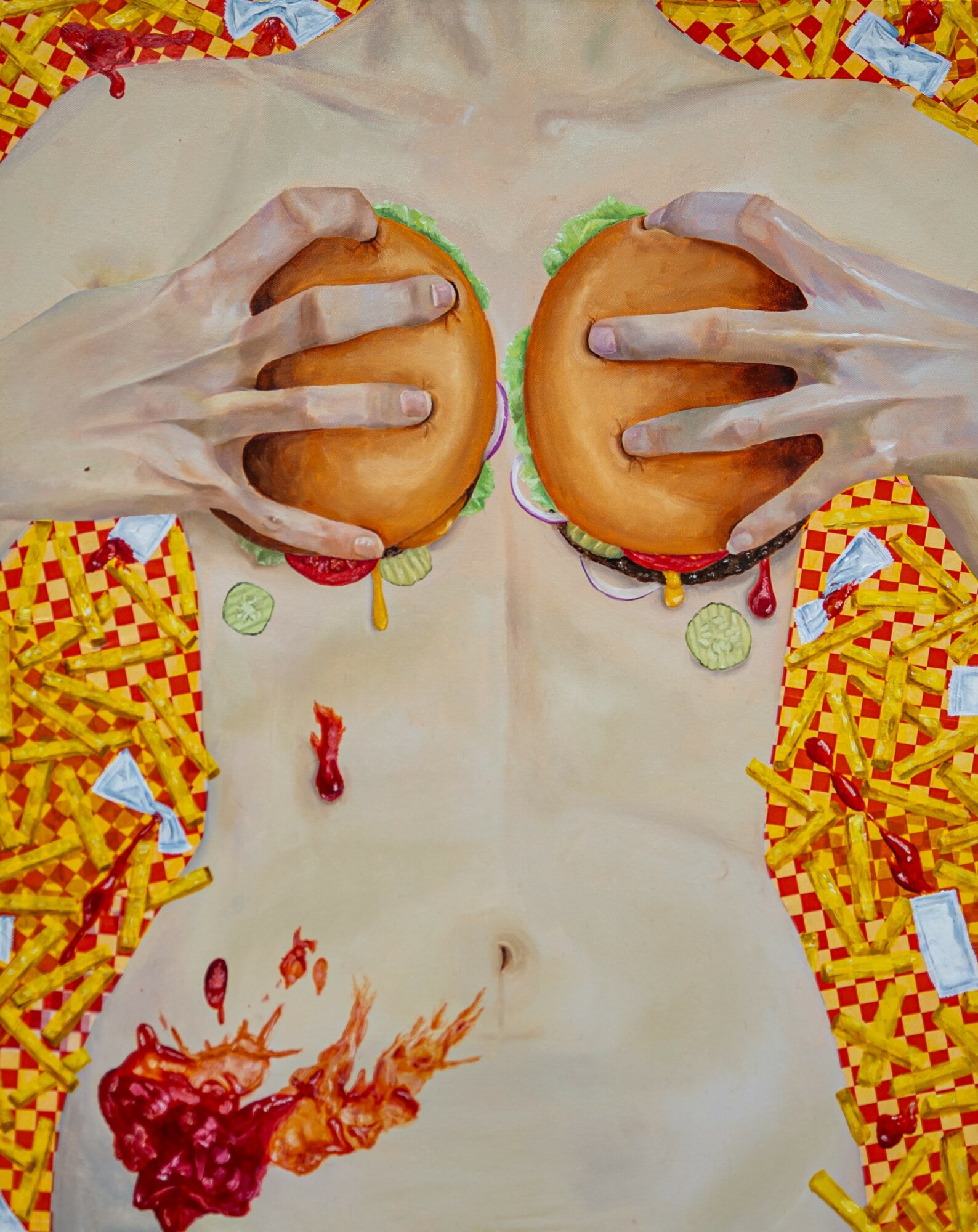 Person holding two burgers over chest, surrounded by colorful paper confetti, with a painted flame on abdomen.