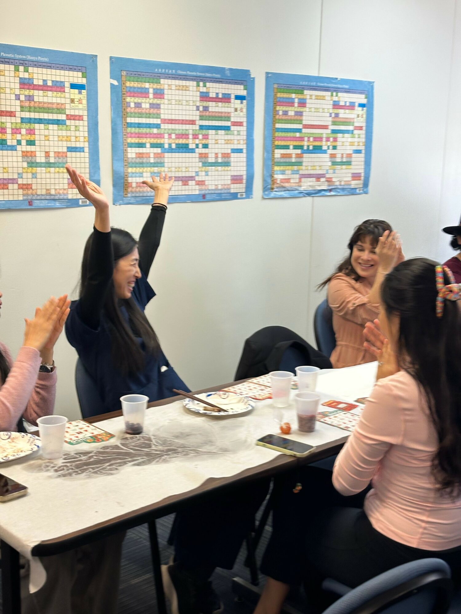 Group of women sitting around a table with papers and cups, engaging in discussion in a room with colorful charts on the wall.