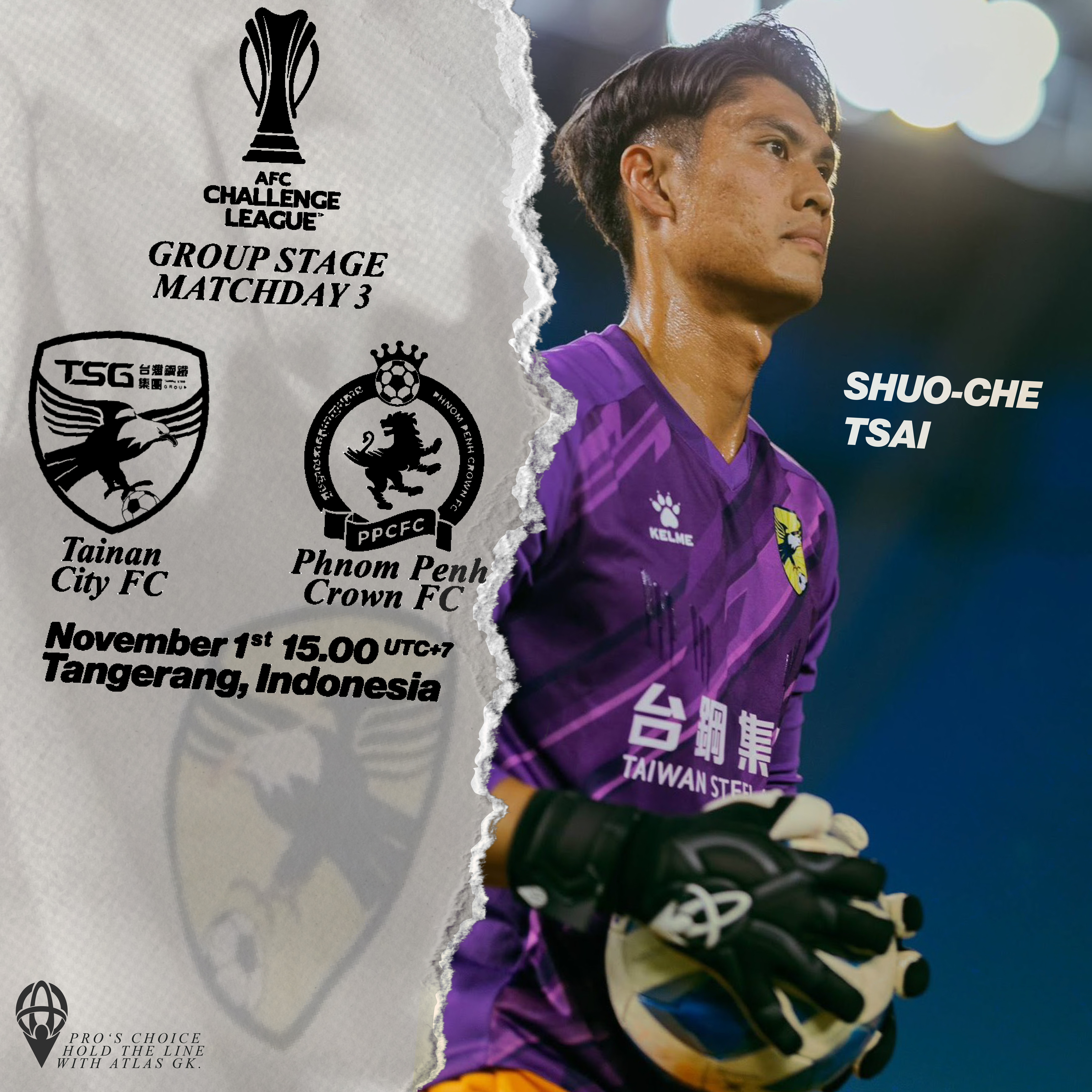 Soccer goalkeeper in purple jersey holding a ball, match details for Tainan City FC vs Phnom Penh Crown FC, Indonesia.