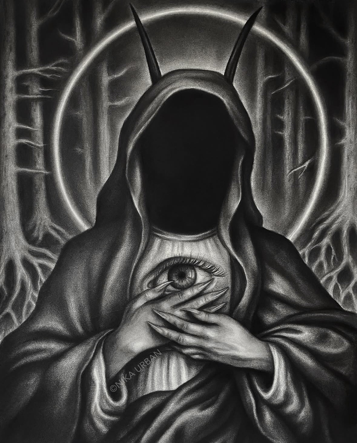 Dark figure with horns and a halo, holding an eye in hands, surrounded by trees and a glowing circle.