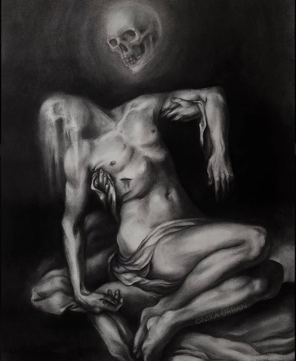 A monochrome painting of a distorted, emaciated human figure with a skull in a dark background.