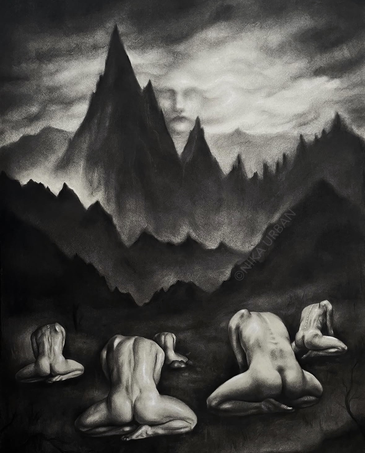 Dark mountain landscape with four kneeling nude figures in water, mountain peaks, and a faint face in clouds.
