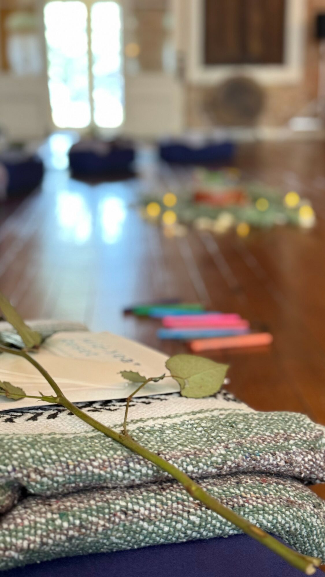 Close-up of a notebook, a green leaf, and a branch on a textured fabric surface, with a blurred background of a wooden floor and colorful objects.