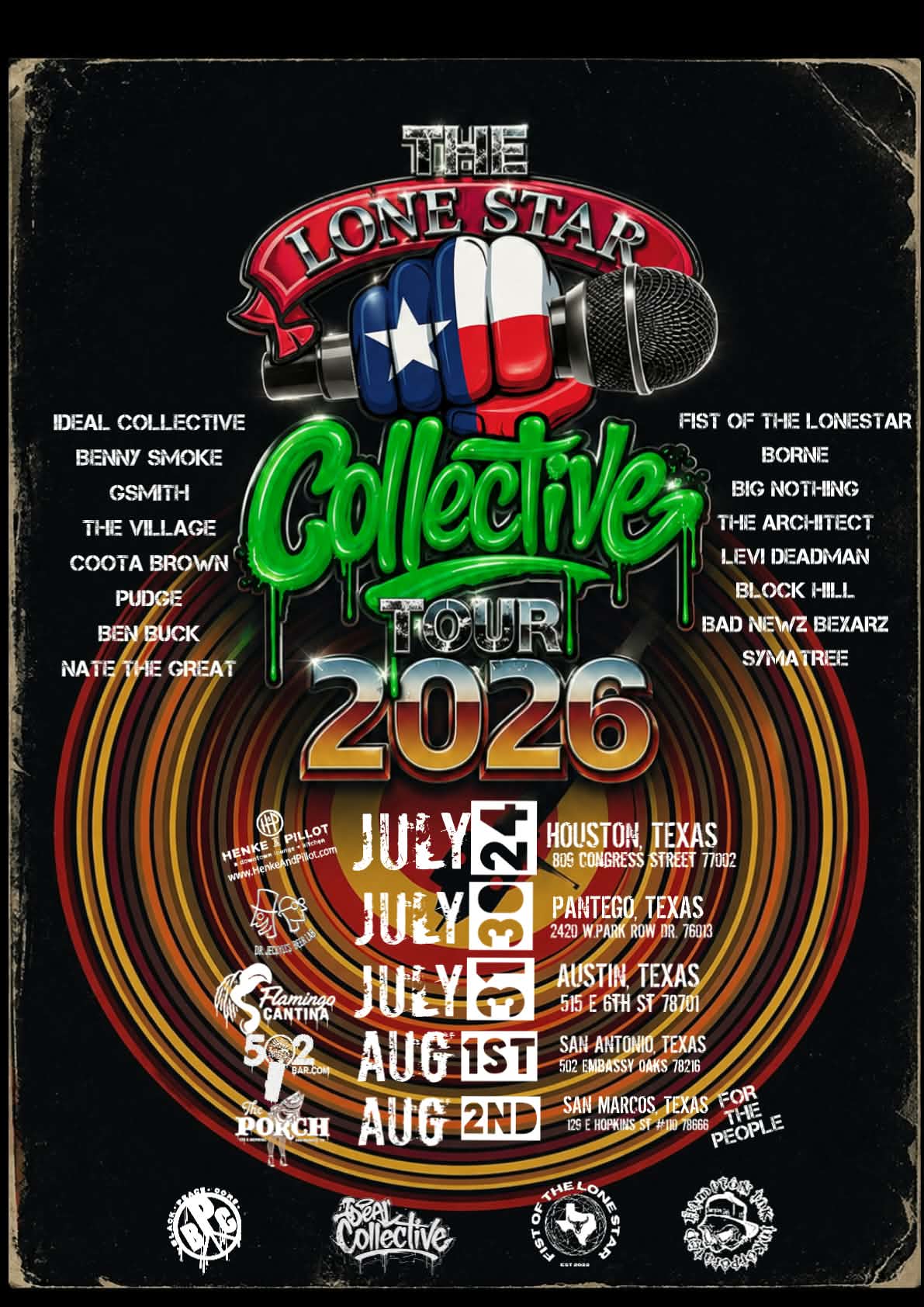 Concert poster for The Lone Star Collective Tour 2026, July to August, featuring various Texas cities and bands.