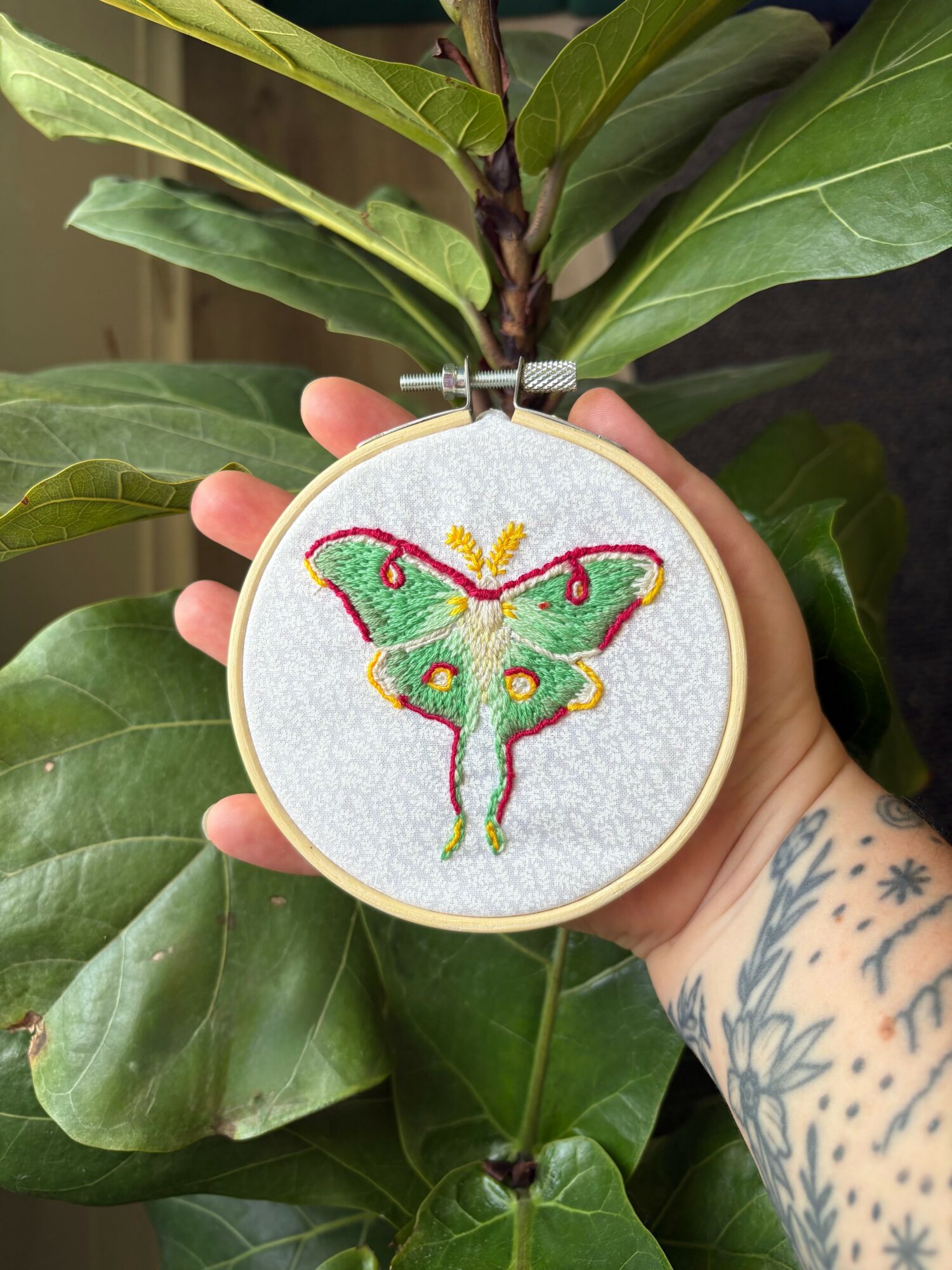 Hand holding a circular embroidery hoop with a colorful moth design, in front of green leaves.