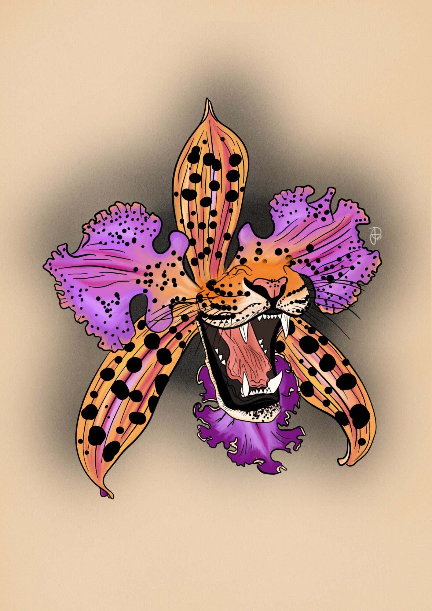 A stylized tiger's head with a fierce expression, surrounded by purple and orange floral elements, on a beige background.