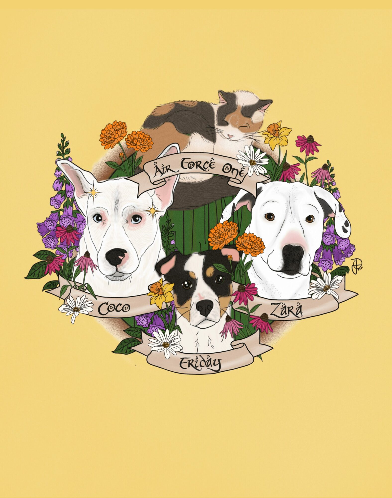 Illustration of three dogs and a cat surrounded by colorful flowers and banners with names, on a yellow background.