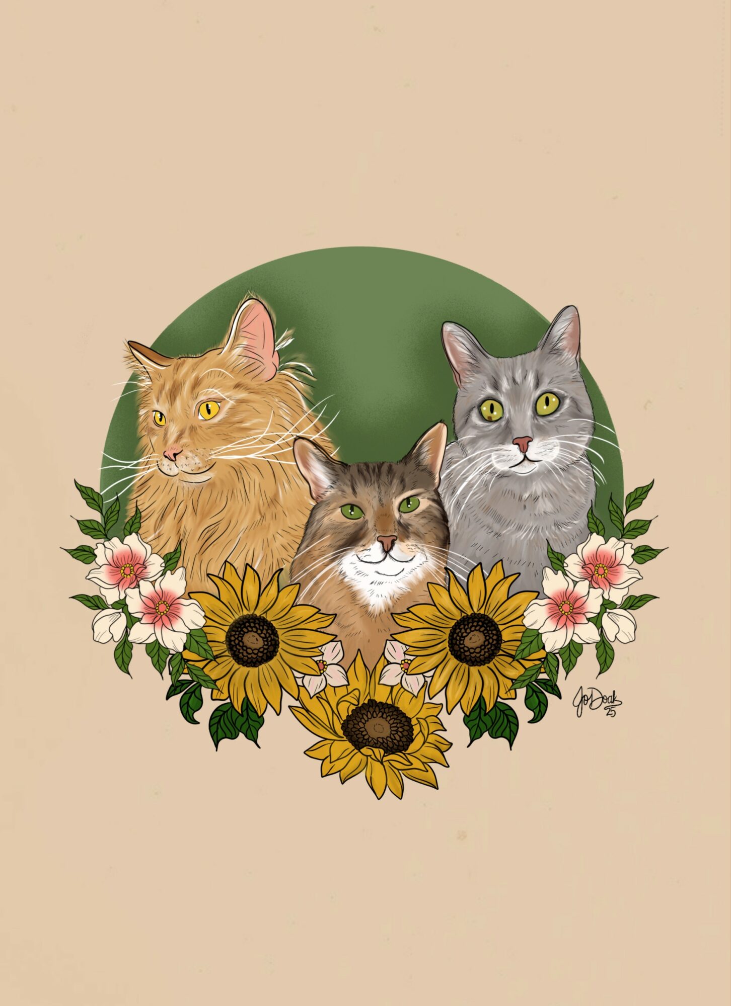 Three cats with different fur colors and patterns surrounded by sunflowers and pink flowers, with a green background circle.