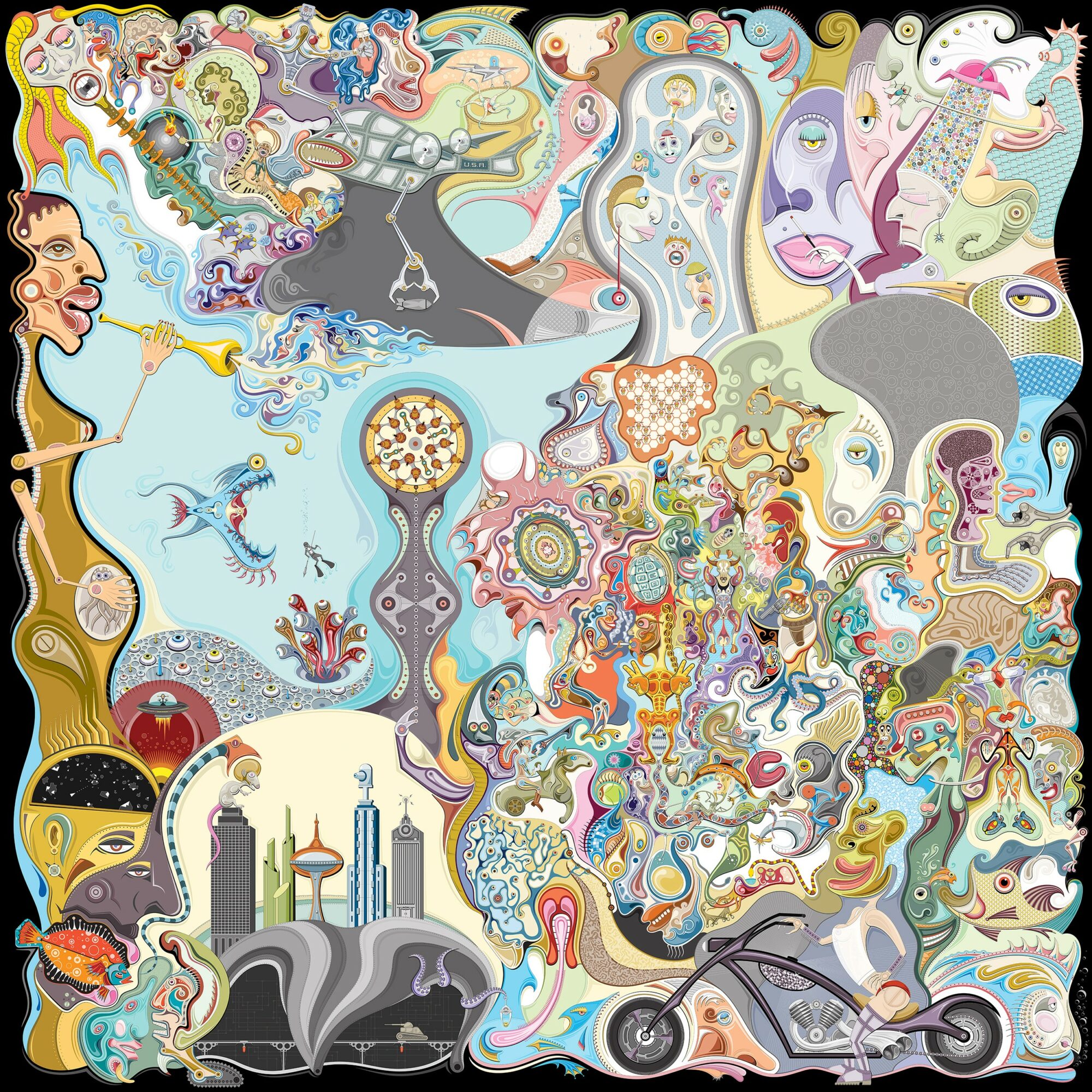 Colorful abstract artwork with faces, animals, and fantastical elements intertwined in a complex design.