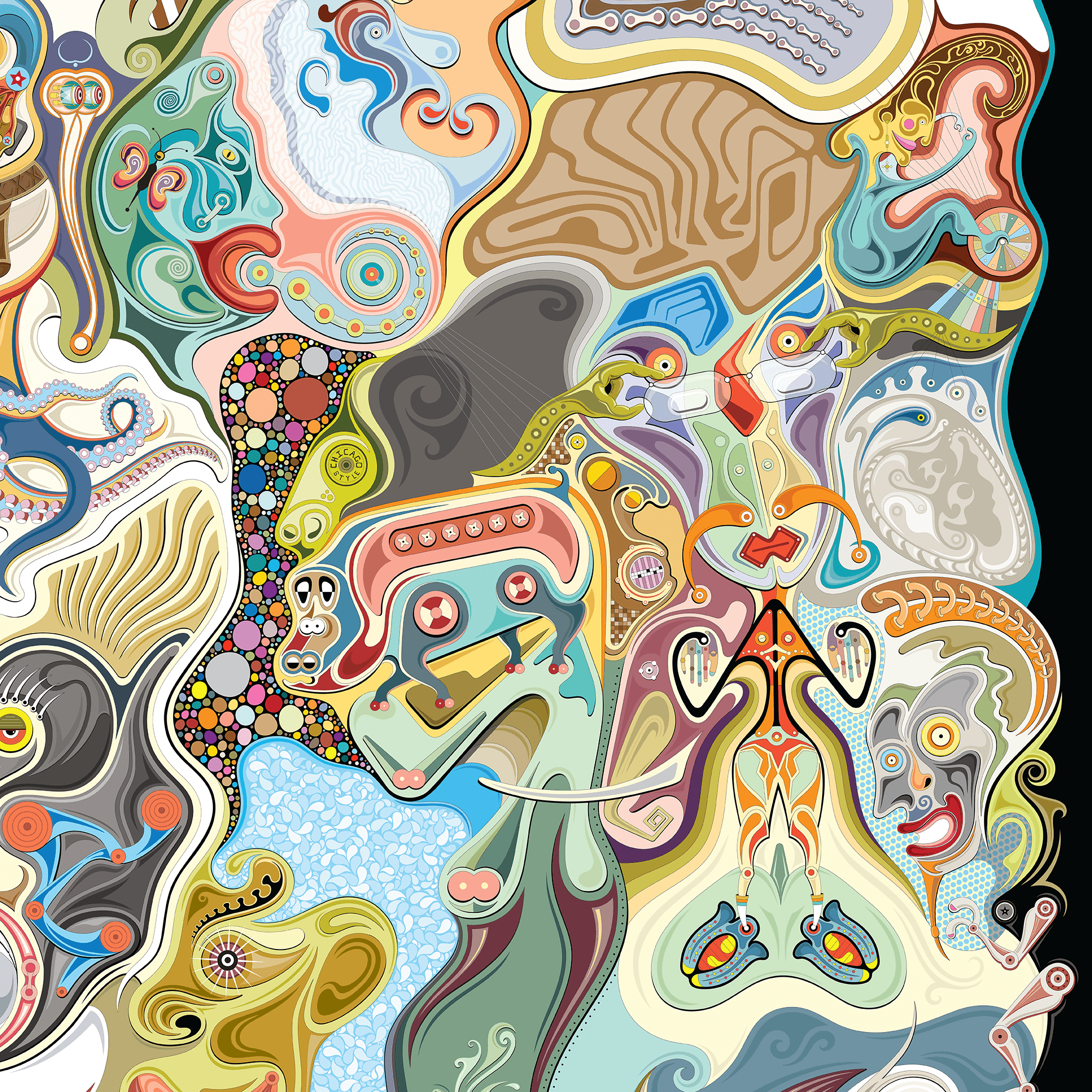 Abstract colorful shapes and patterns with faces and intricate designs, resembling a surreal, vibrant composition.