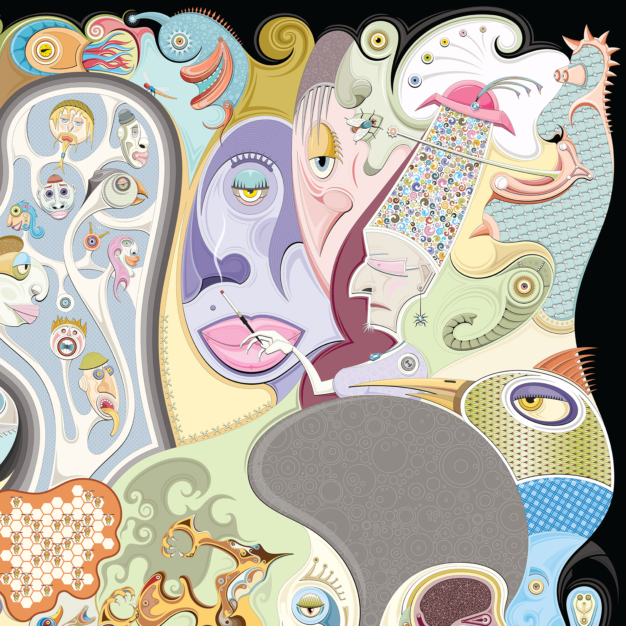 Abstract colorful illustration with faces, eyes, and whimsical shapes, including a large face with a purple eye and various patterns.