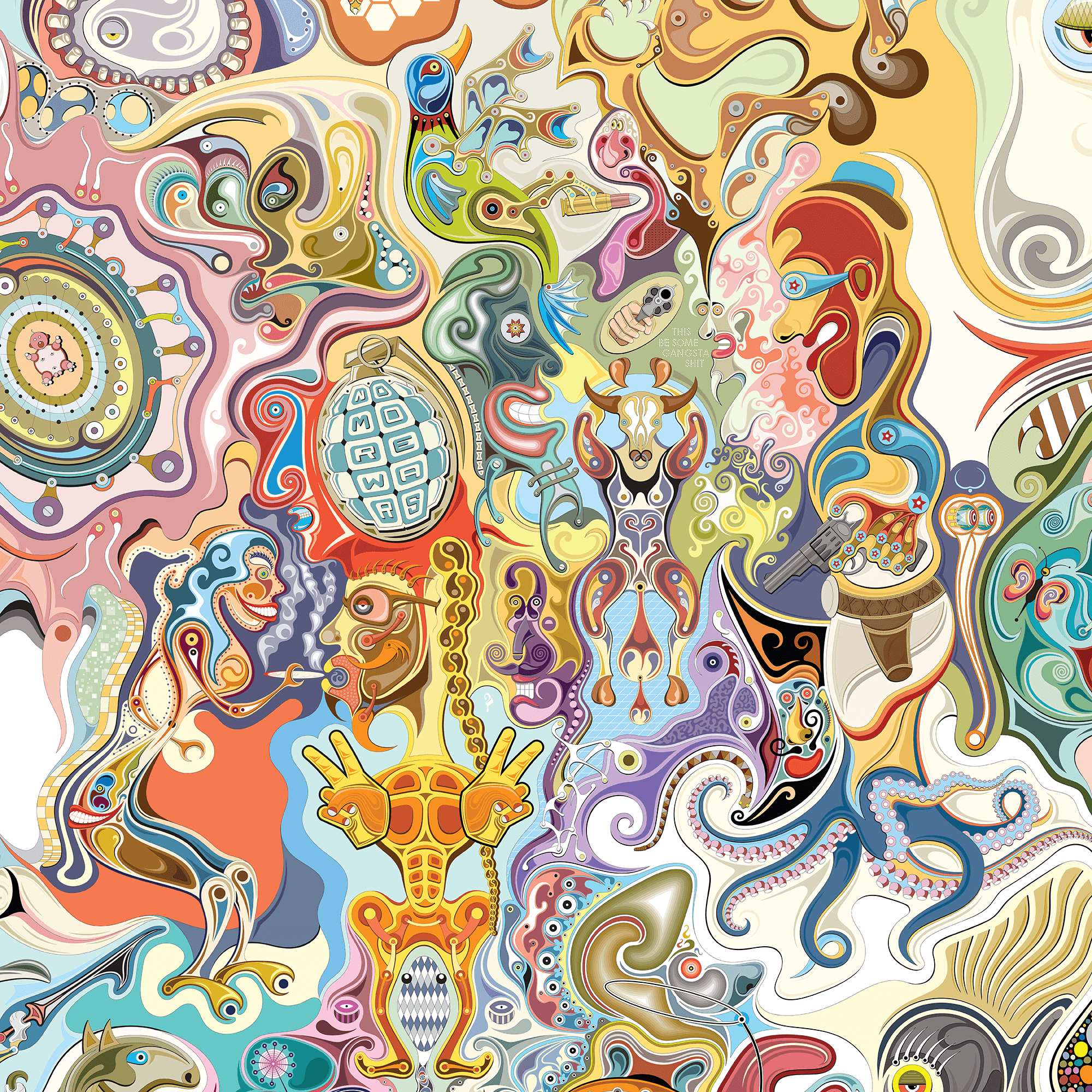 Abstract colorful swirling shapes and patterns with various creatures and objects, densely packed and intricate.