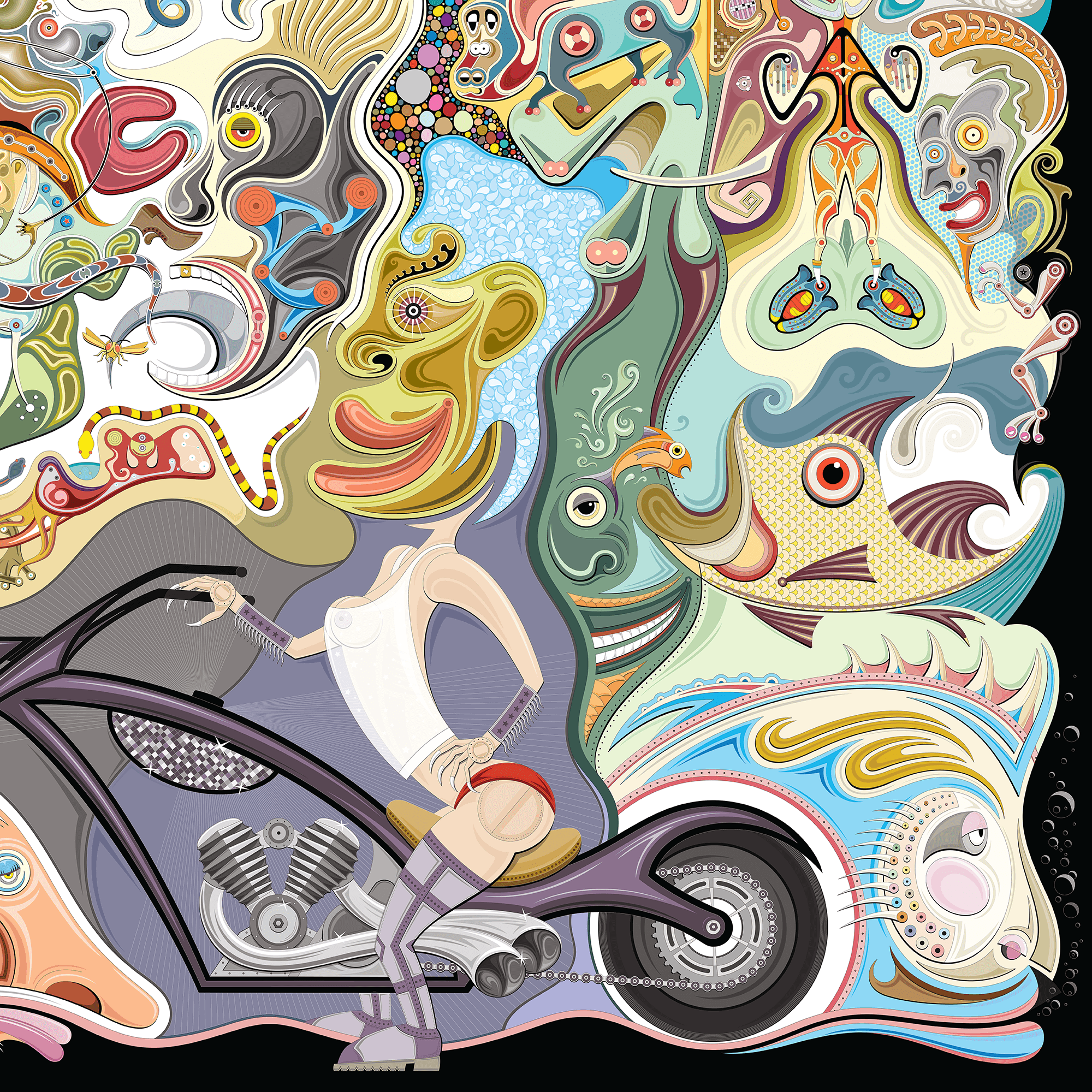 Person riding a motorcycle surrounded by colorful, abstract, and surreal shapes and patterns.