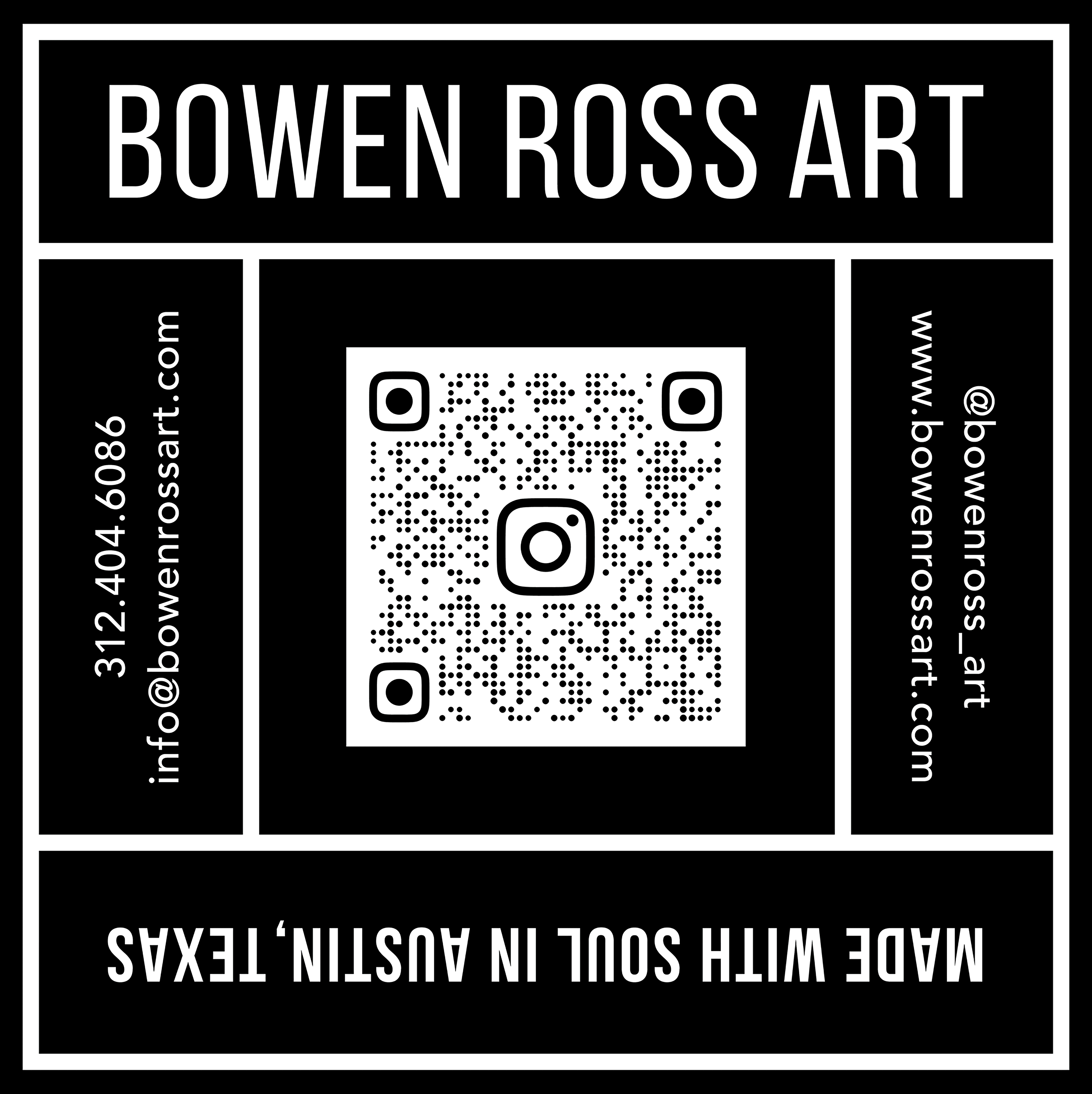 Black and white promotional card with text, QR code, and social media info, advertising Bowden Ross Art and Australian tours.