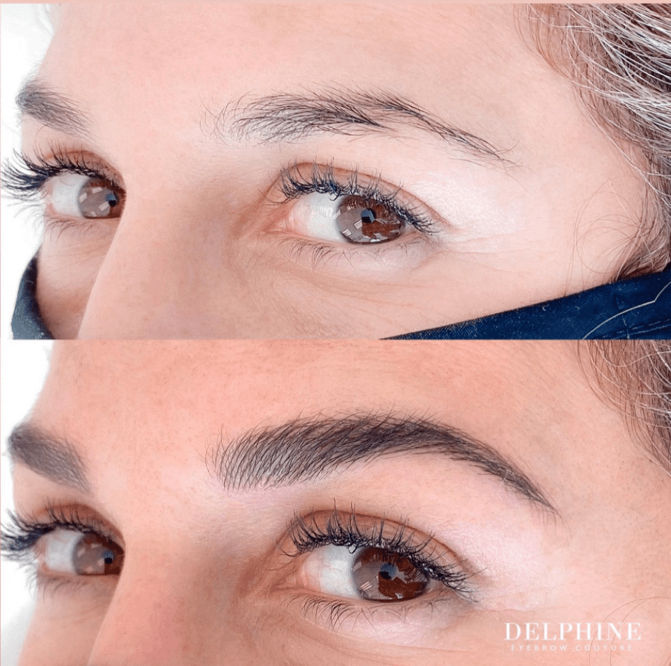 Close-up of a person's eyes and eyebrows before and after eyebrow grooming, showing improved shape and fullness.