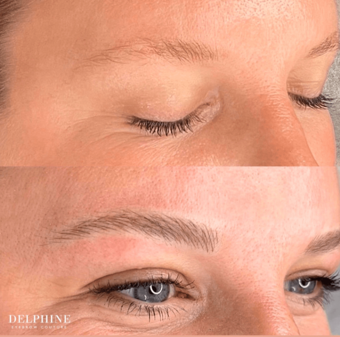 Close-up of a person's eye area showing before and after eyebrow grooming, with visible eyelashes and skin texture.