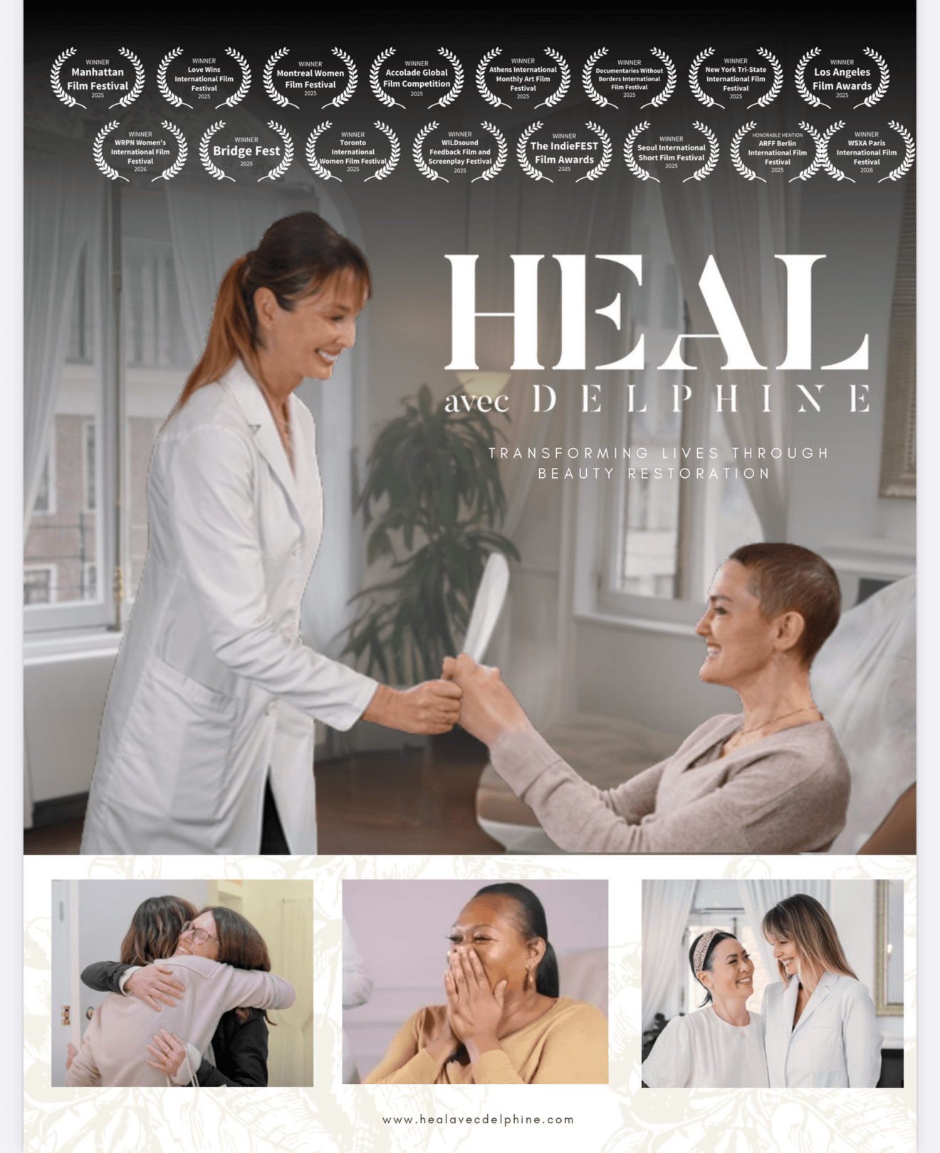 Woman in white coat handing a paper to a patient in bed, with three smaller images below showing emotional support scenes.
